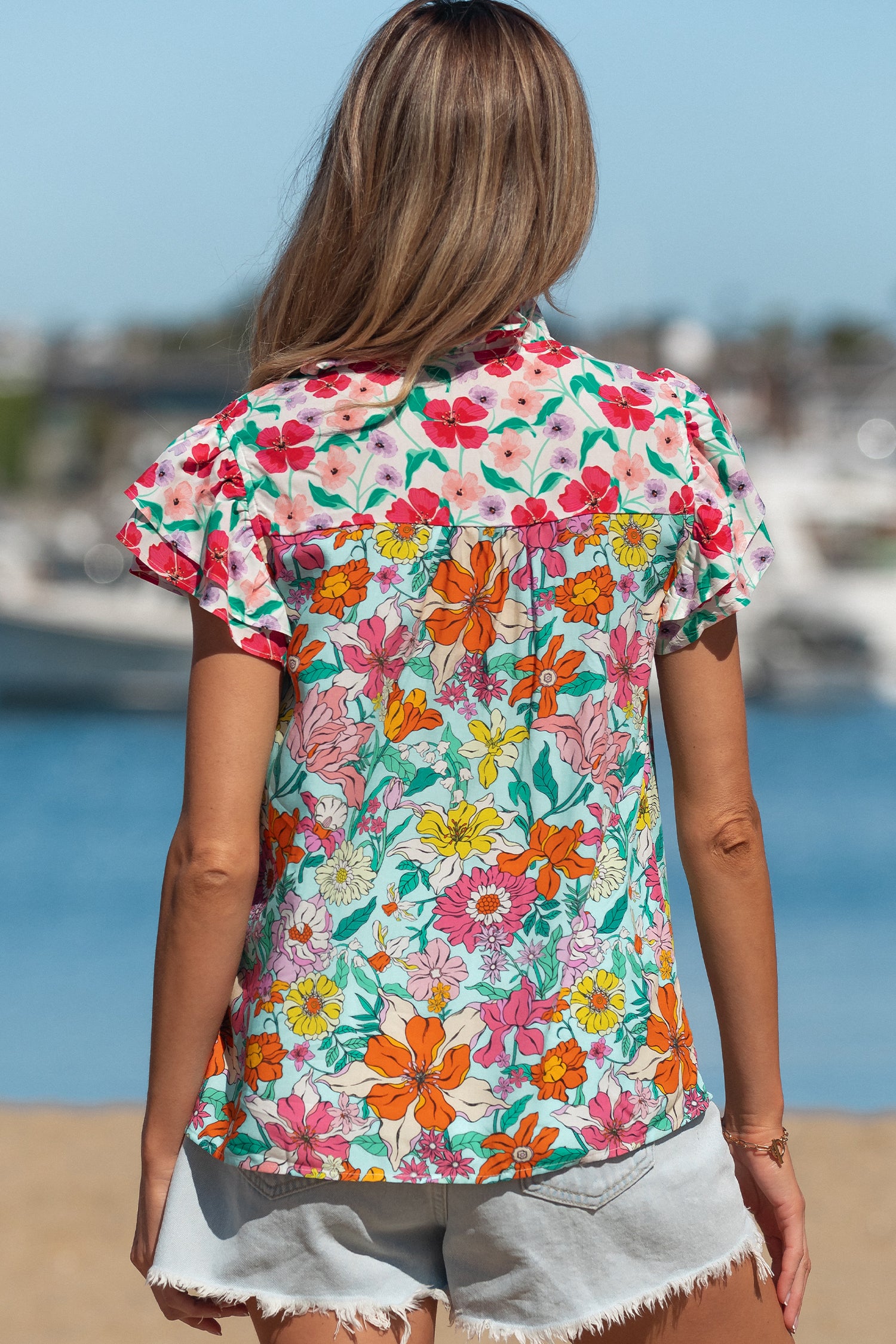Sky Blue Floral Print Split Neck Button Front Flutter Sleeve Blouse-Tops/Blouses & Shirts-[Adult]-[Female]-2022 Online Blue Zone Planet