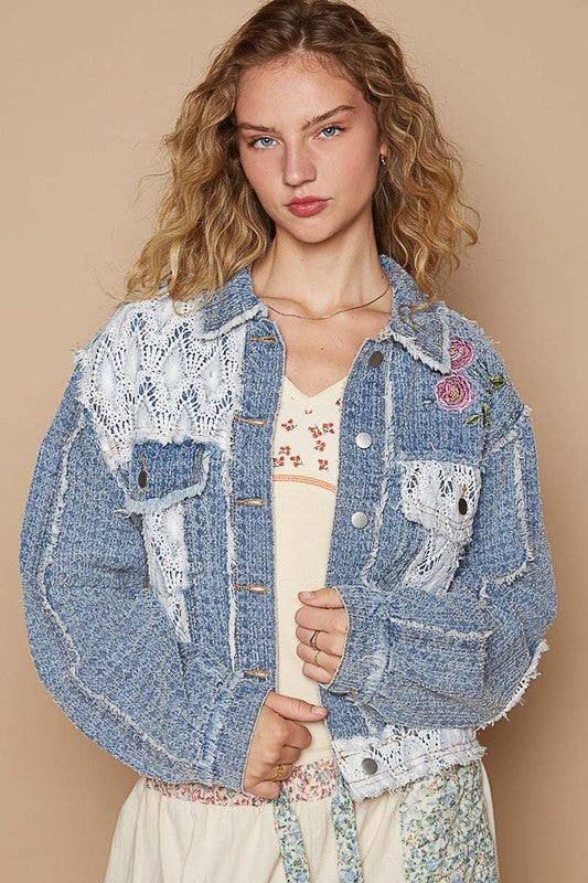 POL Crochet Patch Embroidered Button Up Jacket-TOPS / DRESSES-[Adult]-[Female]-Dusty Blue-S-2022 Online Blue Zone Planet