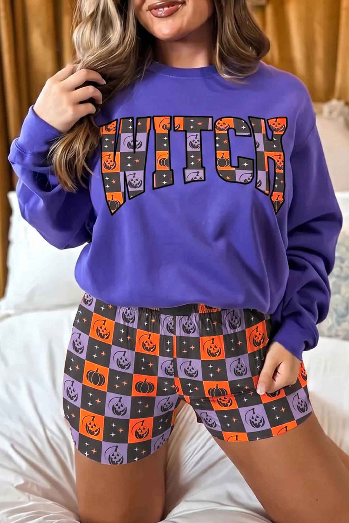Orange Witch Letter Print Long Sleeve Top Checkered Elastic Waist Shorts Set-Two Piece Sets/Short Sets-[Adult]-[Female]-2022 Online Blue Zone Planet