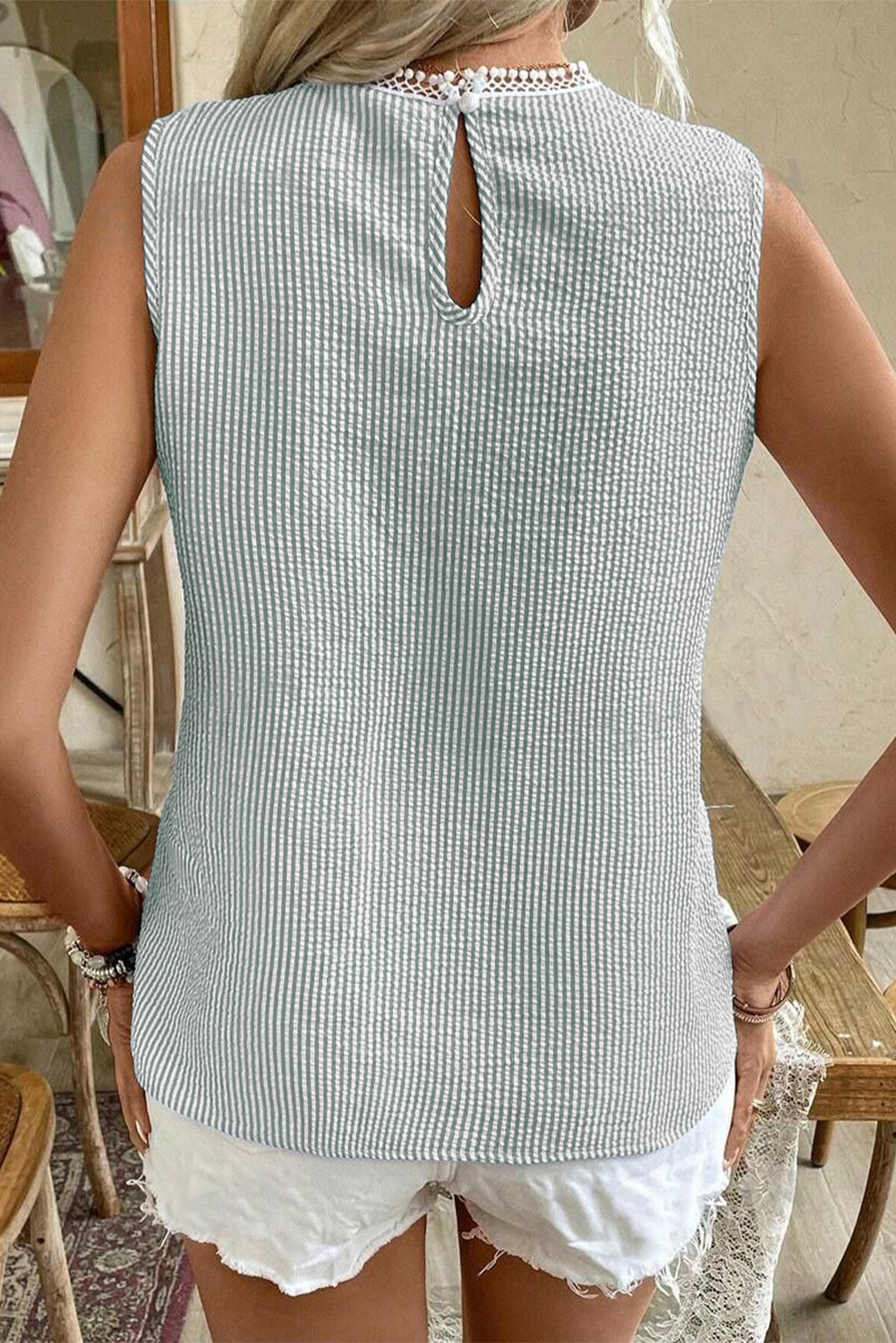Green Stripe Lace Patchwork Crew Neck Tank Top-Tops/Tank Tops-[Adult]-[Female]-2022 Online Blue Zone Planet