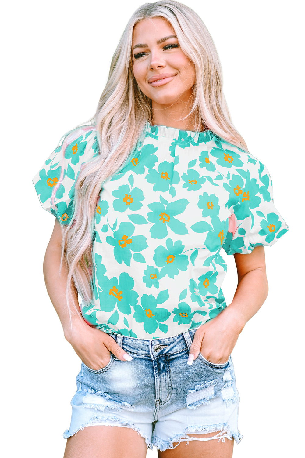 Green Floral Puff Sleeve Frilled Neckline Blouse-Tops/Blouses & Shirts-[Adult]-[Female]-2022 Online Blue Zone Planet