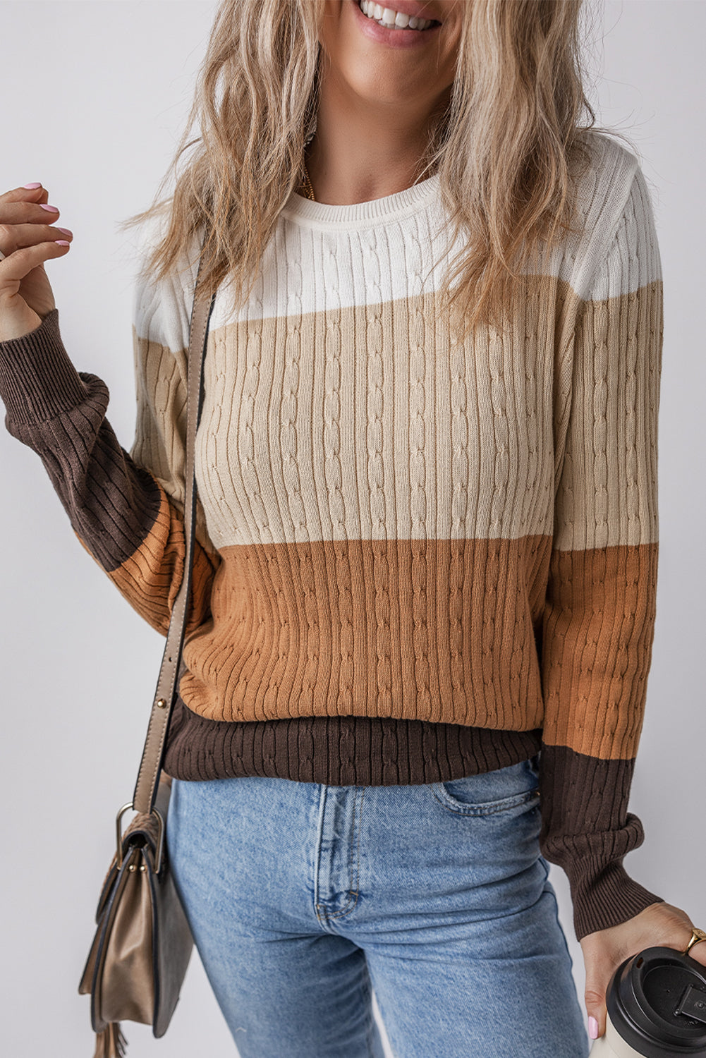 Khaki Colorblock Cable Knit Round Neck Sweater-TOPS / DRESSES-[Adult]-[Female]-2022 Online Blue Zone Planet