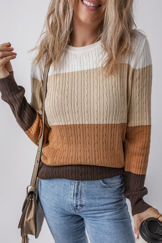 Khaki Colorblock Cable Knit Round Neck Sweater-TOPS / DRESSES-[Adult]-[Female]-2022 Online Blue Zone Planet