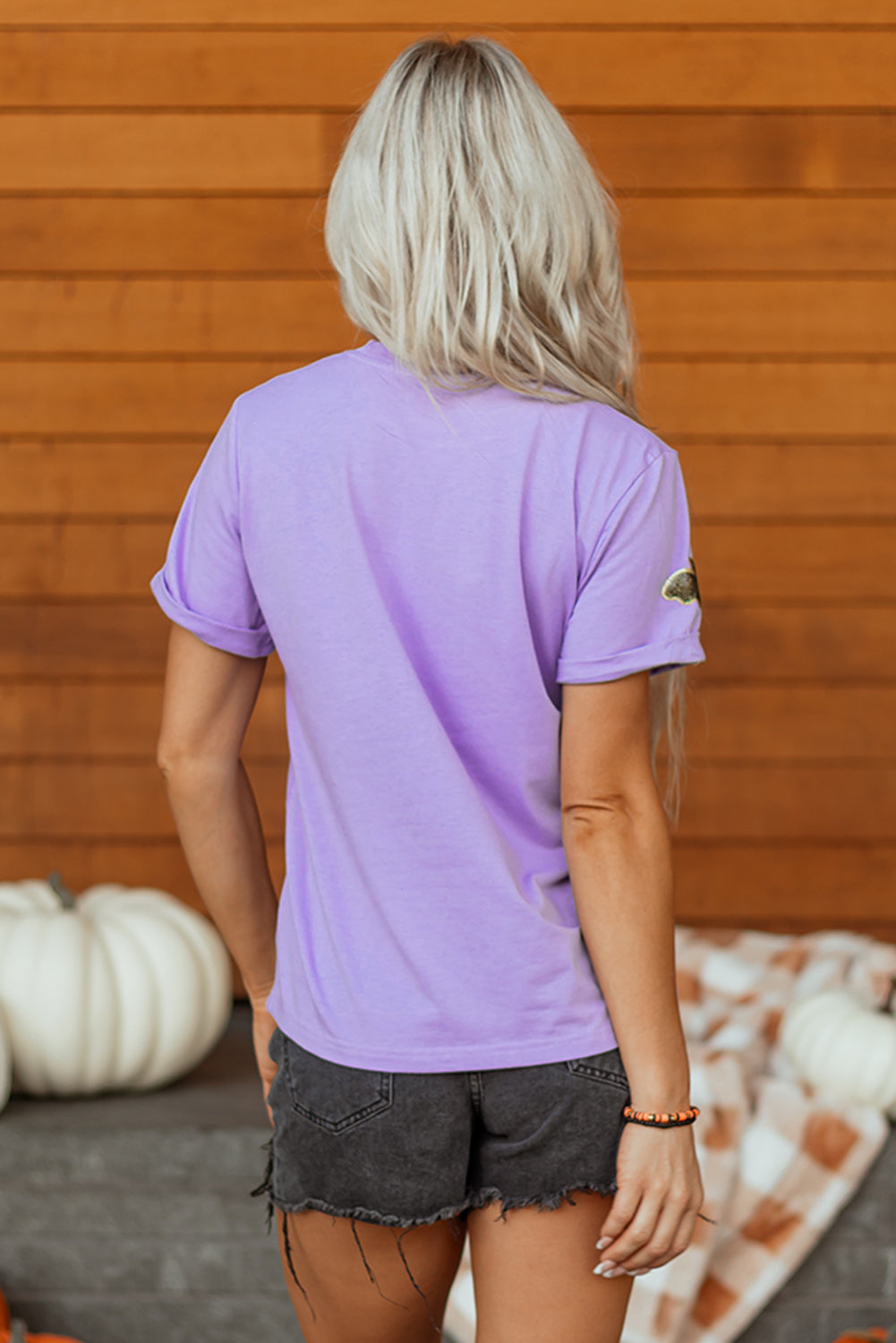 Wisteria Sequin Halloween Bat Patched Casual T Shirt-Graphic/Graphic Tees-[Adult]-[Female]-2022 Online Blue Zone Planet