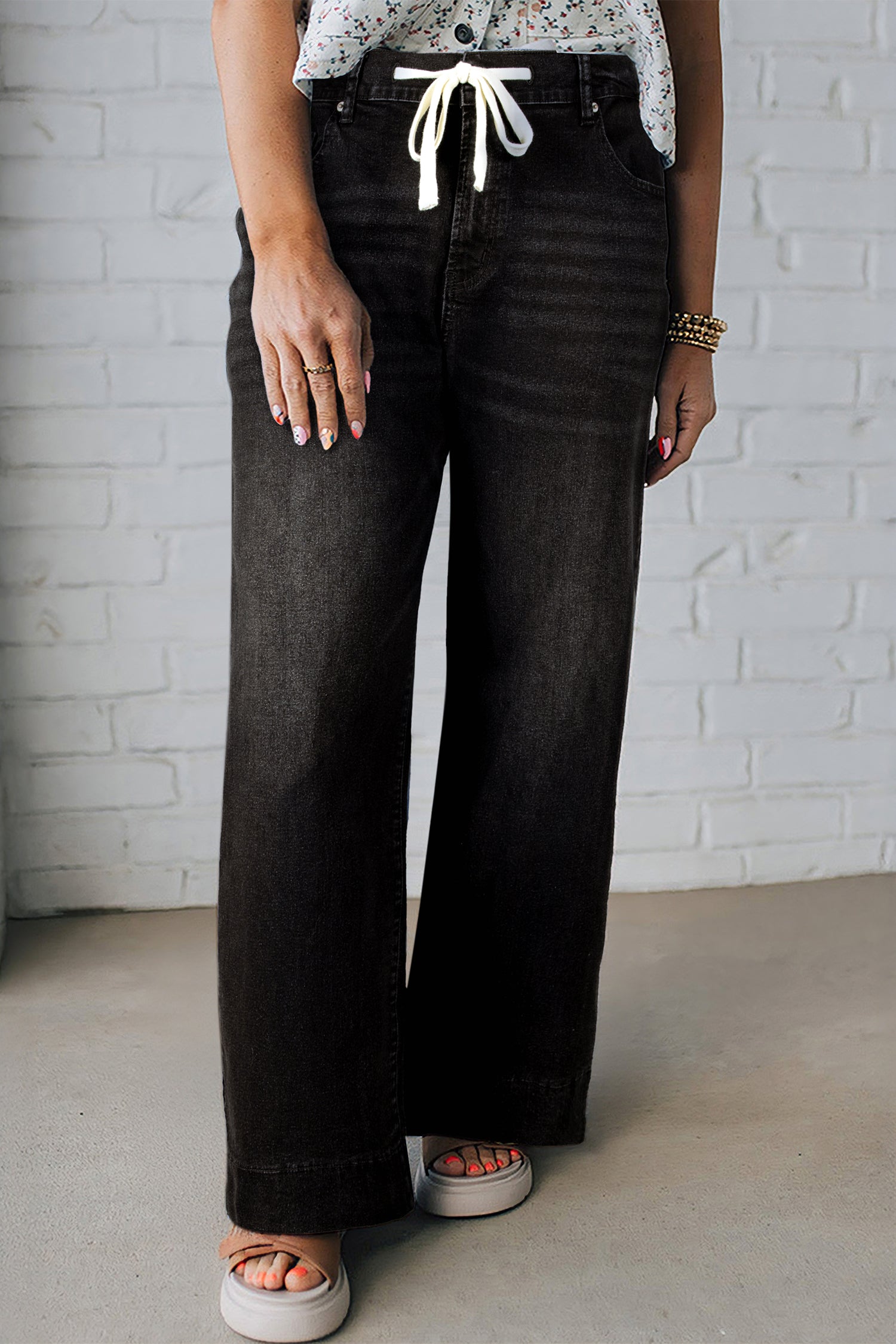 Black Acid Wash Contrast Lace-up Plus Size Jeans-Plus Size/Plus Size Bottoms-[Adult]-[Female]-Black-L-2022 Online Blue Zone Planet