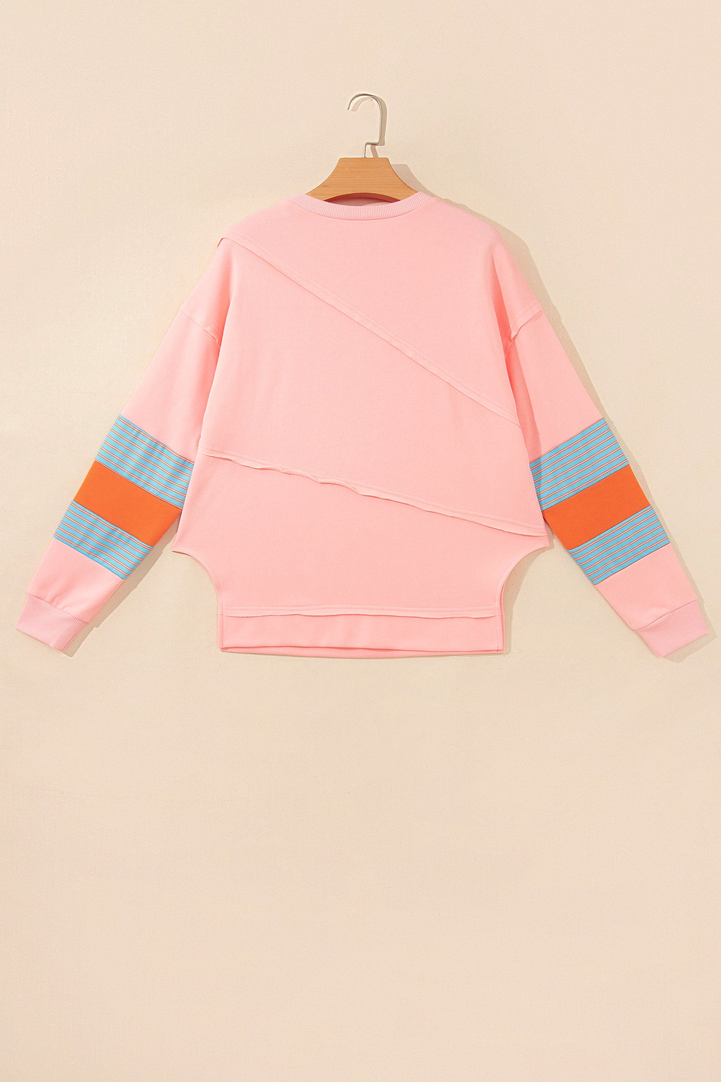 Pink Colorblock Striped Patchwork Long Sleeve Round Neck Blouse-Tops/Long Sleeve Tops-[Adult]-[Female]-2022 Online Blue Zone Planet