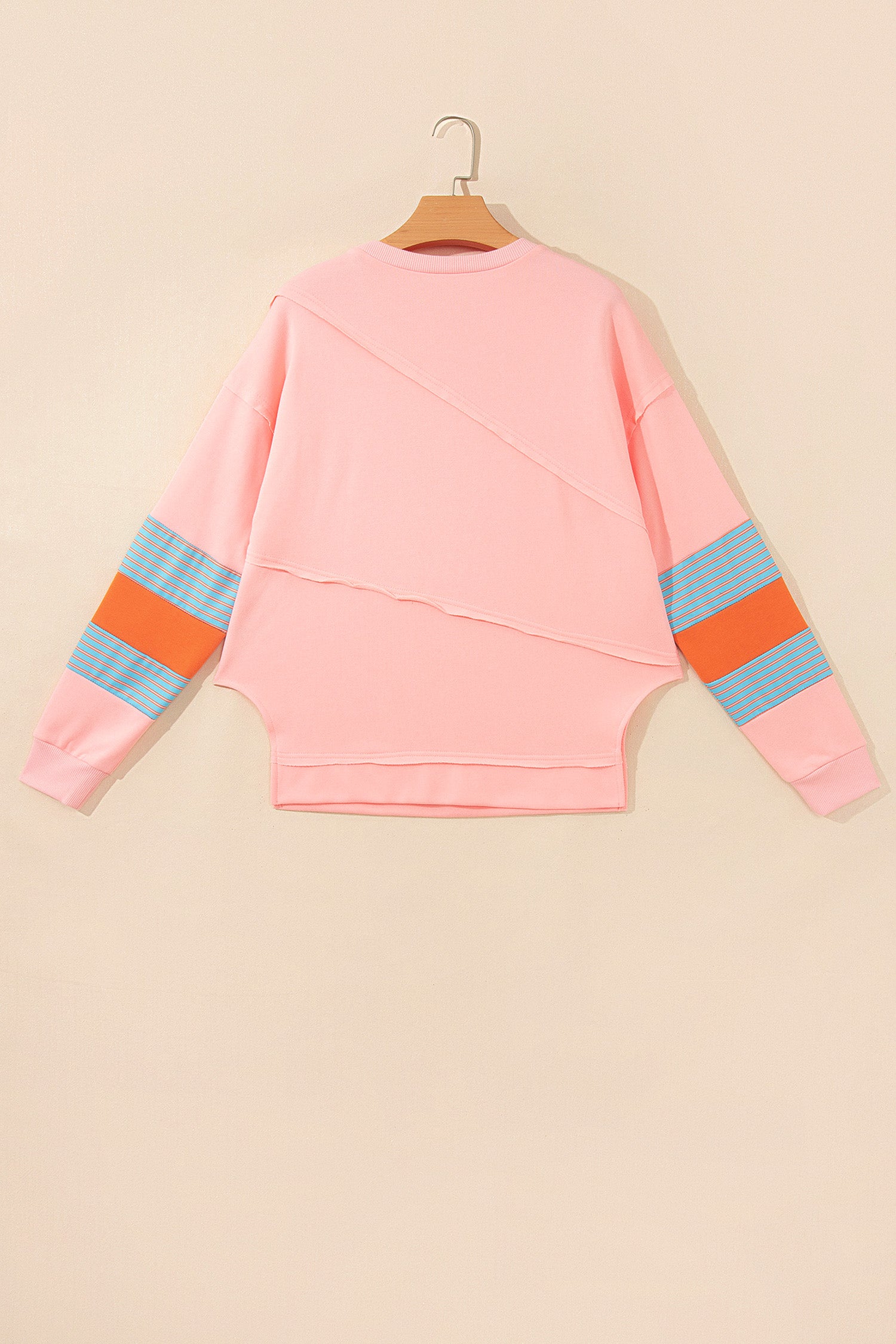 Pink Colorblock Striped Patchwork Long Sleeve Round Neck Blouse-Tops/Long Sleeve Tops-[Adult]-[Female]-2022 Online Blue Zone Planet