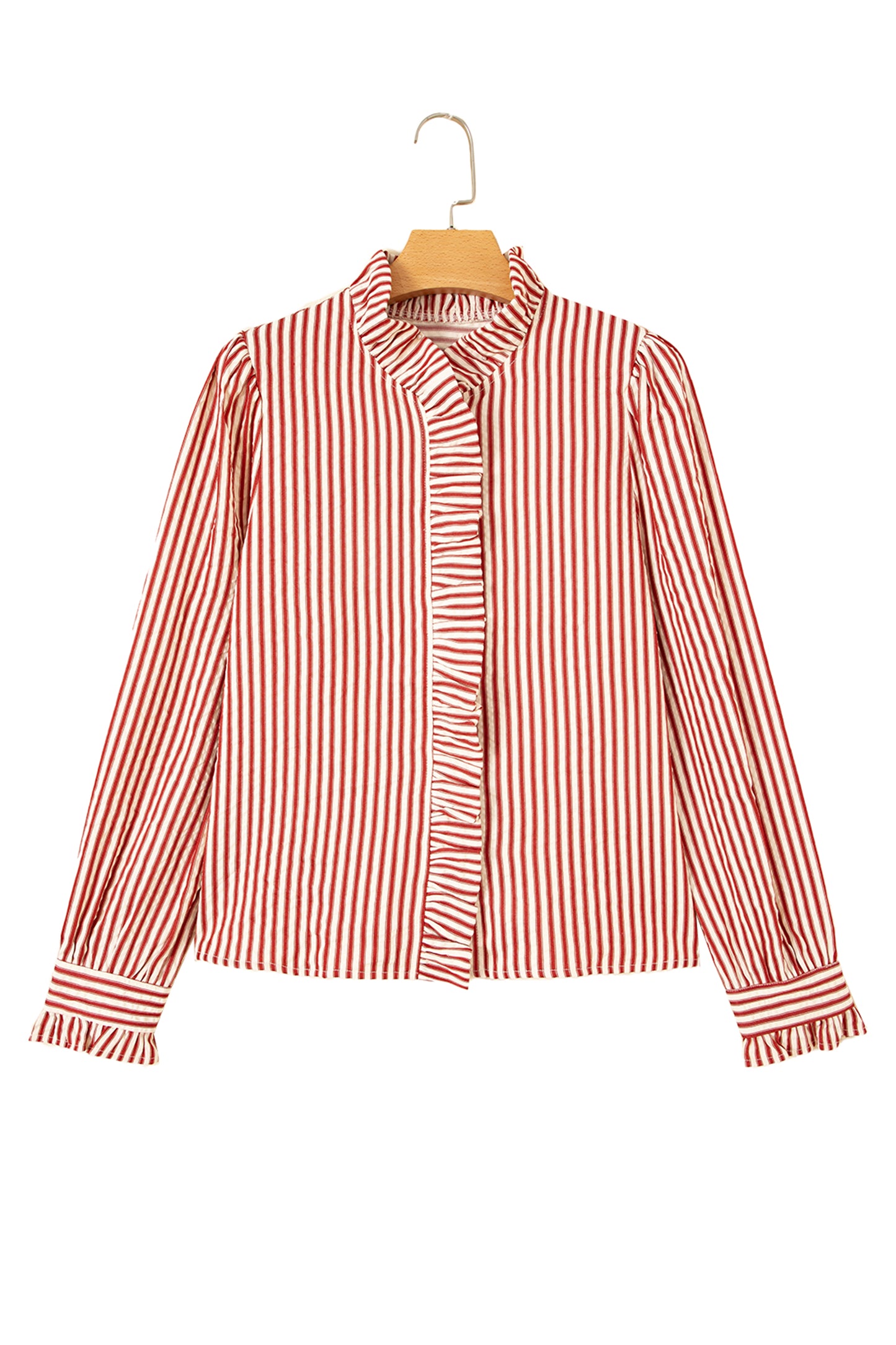 Red Stripe Textured Ruffle Trim Button-Up Long Sleeve Shirt-Tops/Blouses & Shirts-[Adult]-[Female]-2022 Online Blue Zone Planet