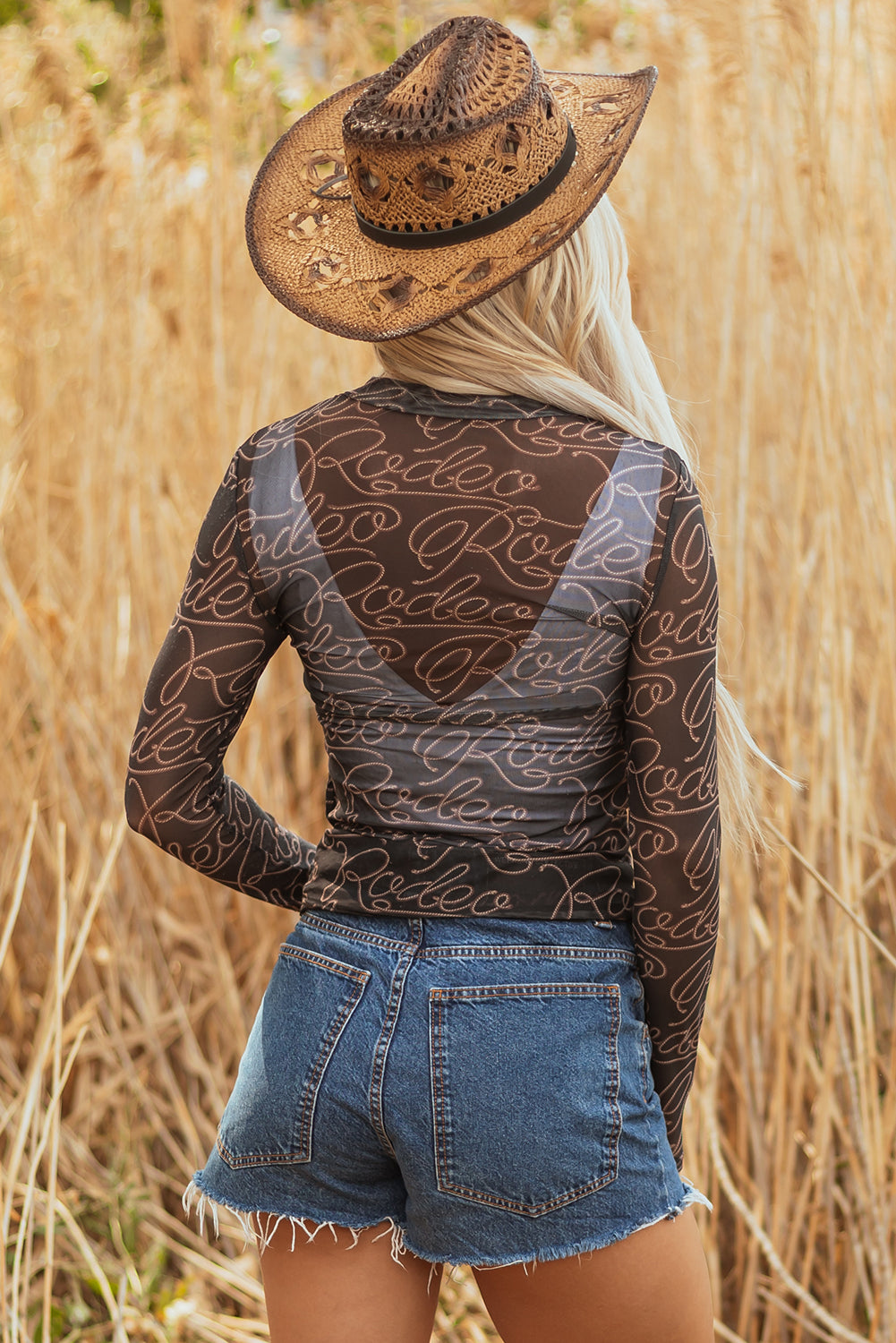 Blue Zone Planet | Black Western Rodeo Printed Mock Neck Long Sleeve Mesh Top-Tops/Long Sleeve Tops-[Adult]-[Female]-2022 Online Blue Zone Planet