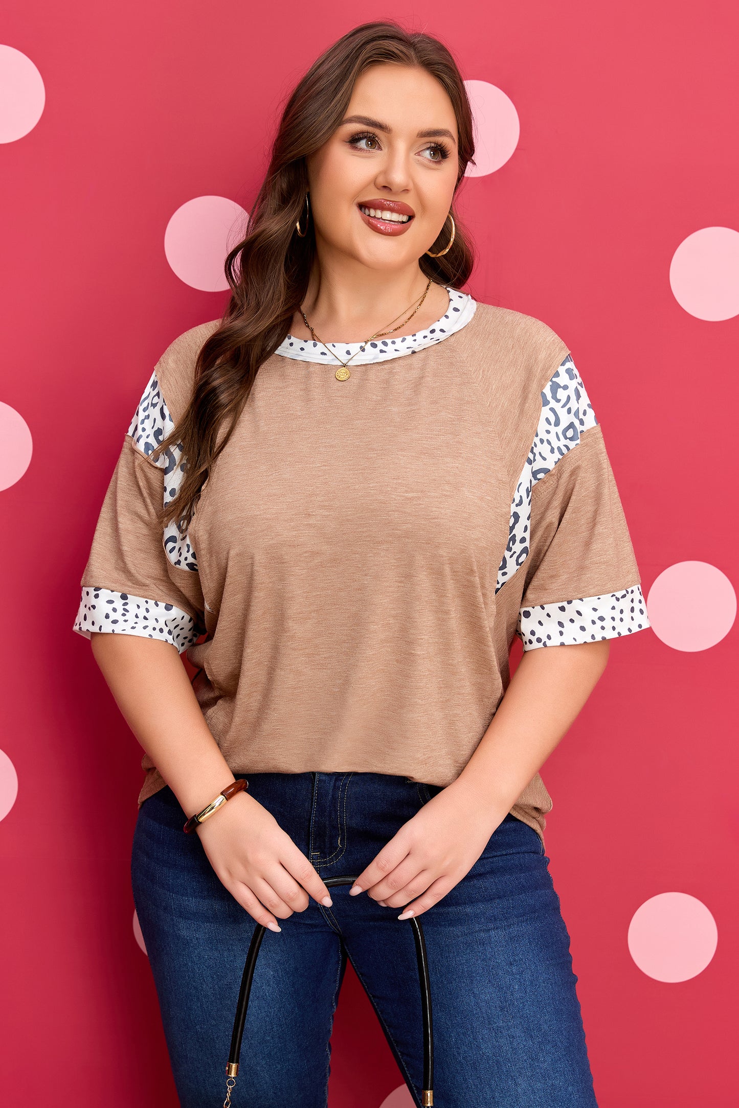 Chestnut Animal Color Block Patchwork Plus Size Tee-Plus Size/Plus Size Tops-[Adult]-[Female]-2022 Online Blue Zone Planet