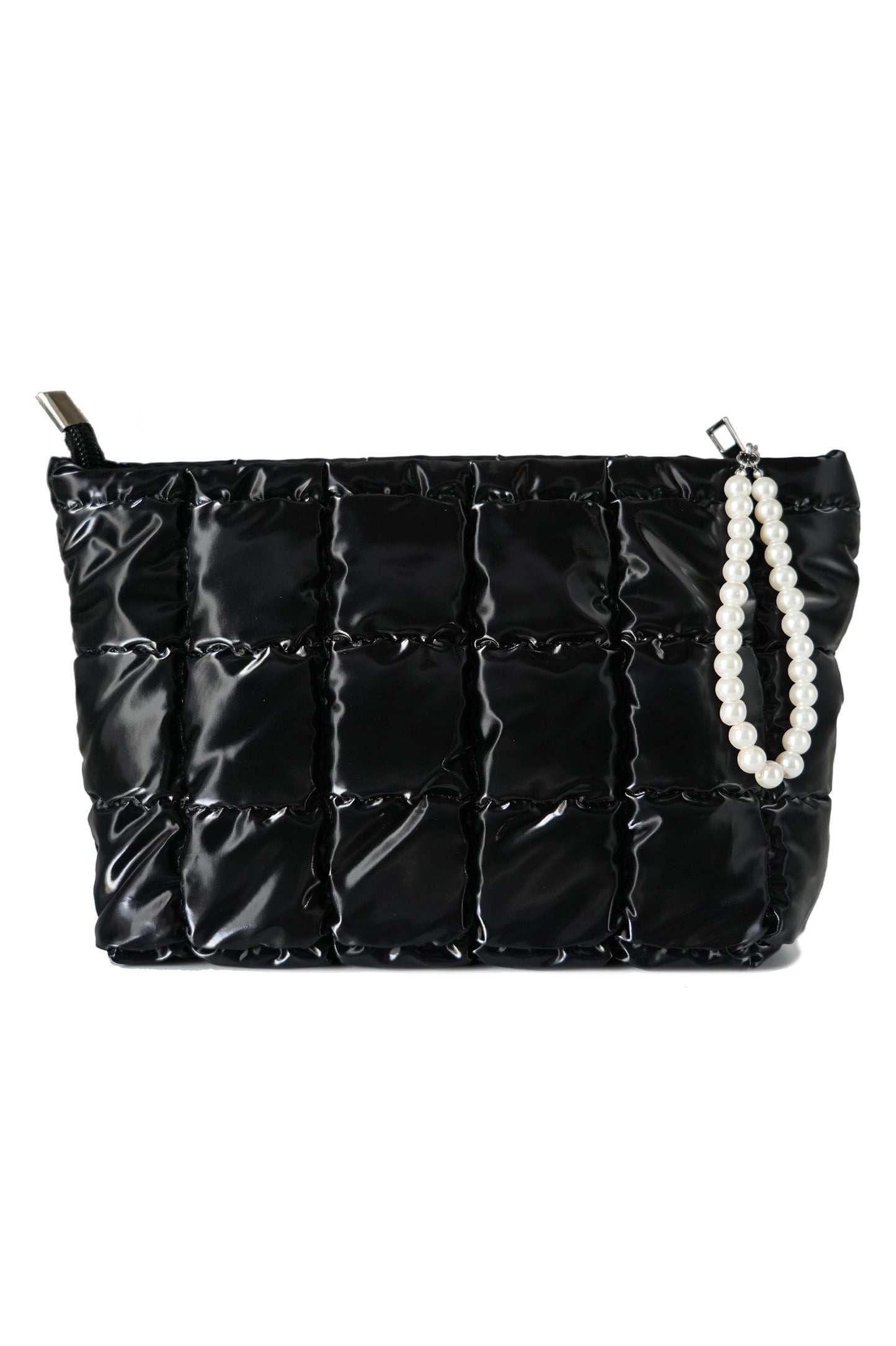 Color black PU Leather Quilted Texture Pearl Chain Zip Makeup Bag