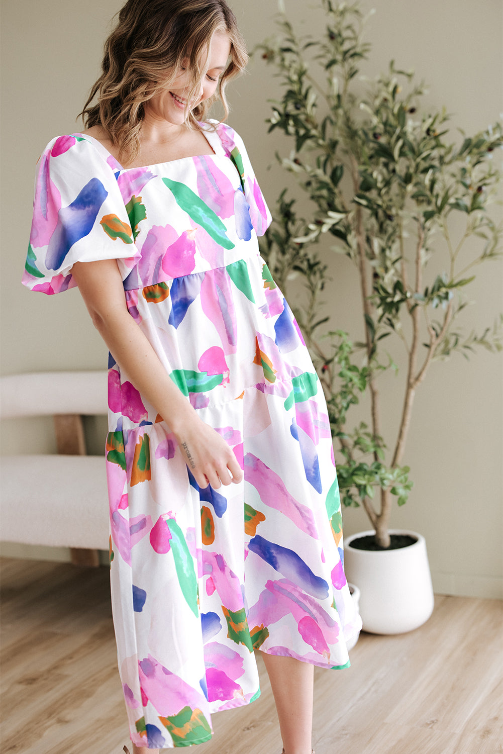 Purple Abstract Print Puff Sleeve Smocked Back Midi Dress-Dresses/Midi Dresses-[Adult]-[Female]-2022 Online Blue Zone Planet