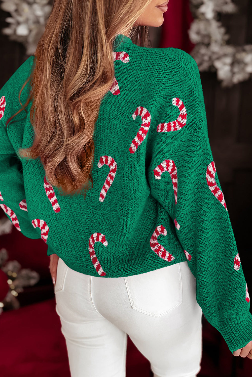 Dark Green Christmas Candy Cane Holiday Drop Shoulder Sweater-TOPS / DRESSES-[Adult]-[Female]-2022 Online Blue Zone Planet