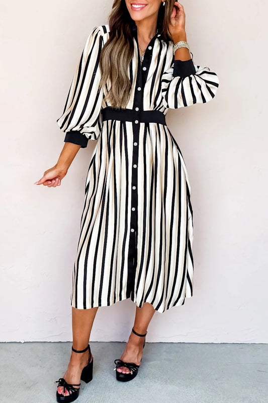 Black Stripe 3/4 Puff Sleeve Shirt Style Button Down Midi Dress-TOPS / DRESSES-[Adult]-[Female]-2022 Online Blue Zone Planet