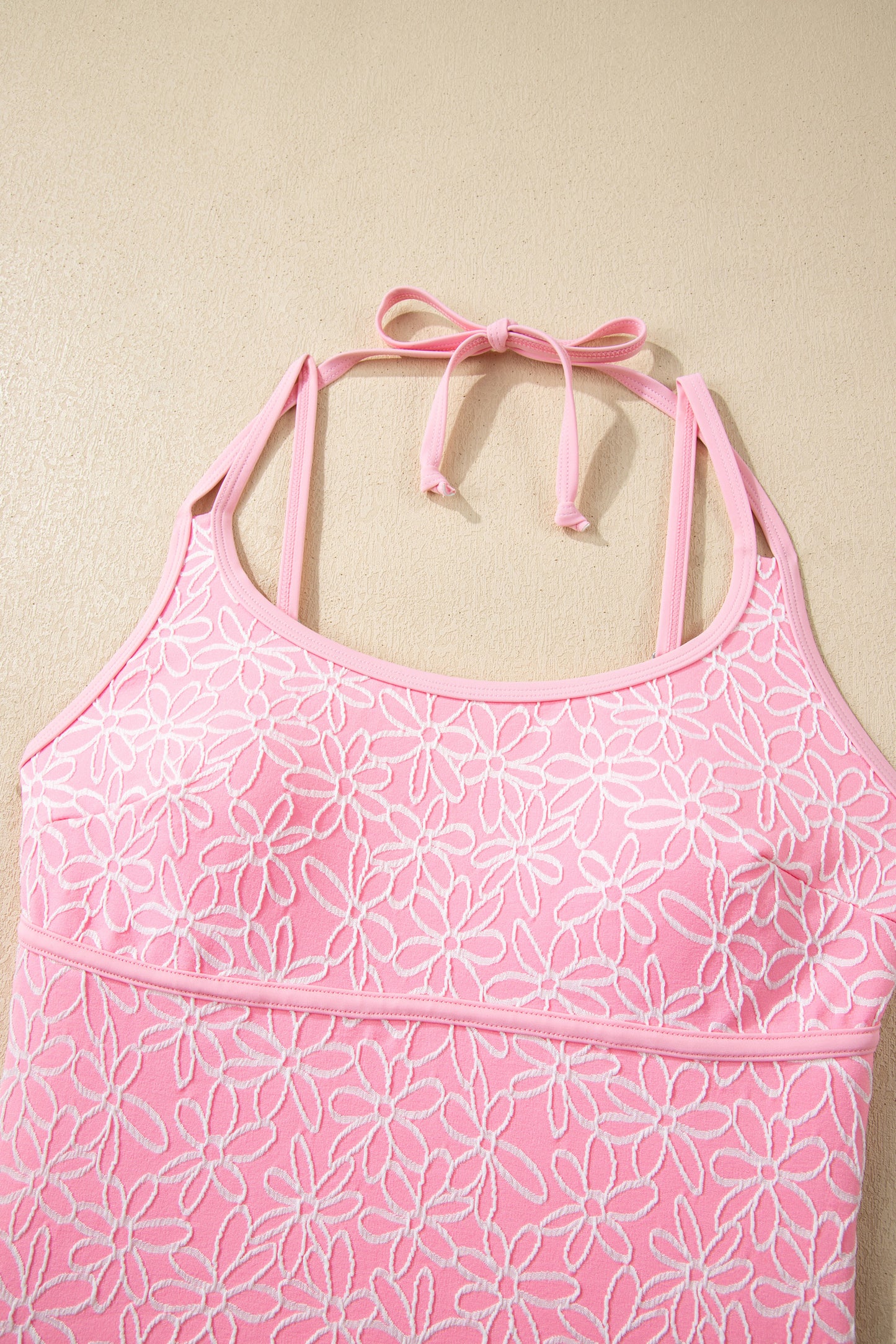 Pink Corded Flower Texture Spaghetti Straps Halterneck One Piece Swimsuit-Swimwear/One Piece Swimsuit-[Adult]-[Female]-2022 Online Blue Zone Planet