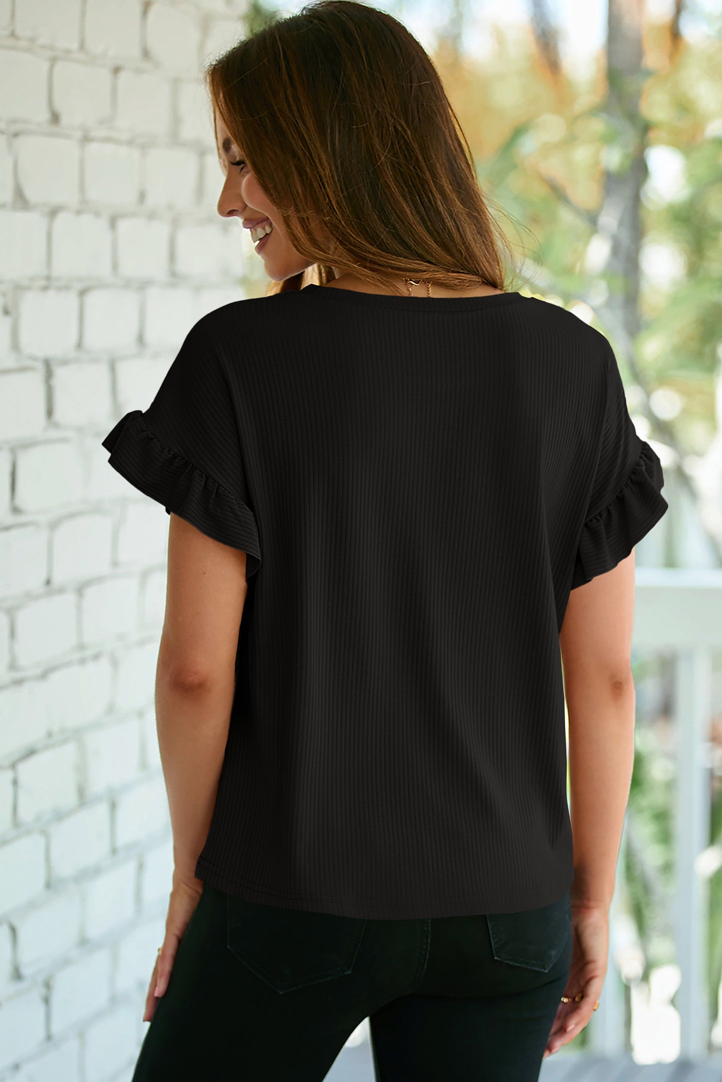 Black Solid Color Ribbed Ruffled Short Sleeve T Shirt-Tops/Tops & Tees-[Adult]-[Female]-2022 Online Blue Zone Planet