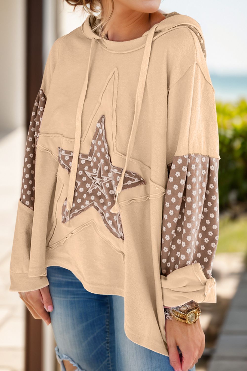 Drawstring Star Long Sleeve Hoodie-TOPS / DRESSES-[Adult]-[Female]-Tan-L-2022 Online Blue Zone Planet