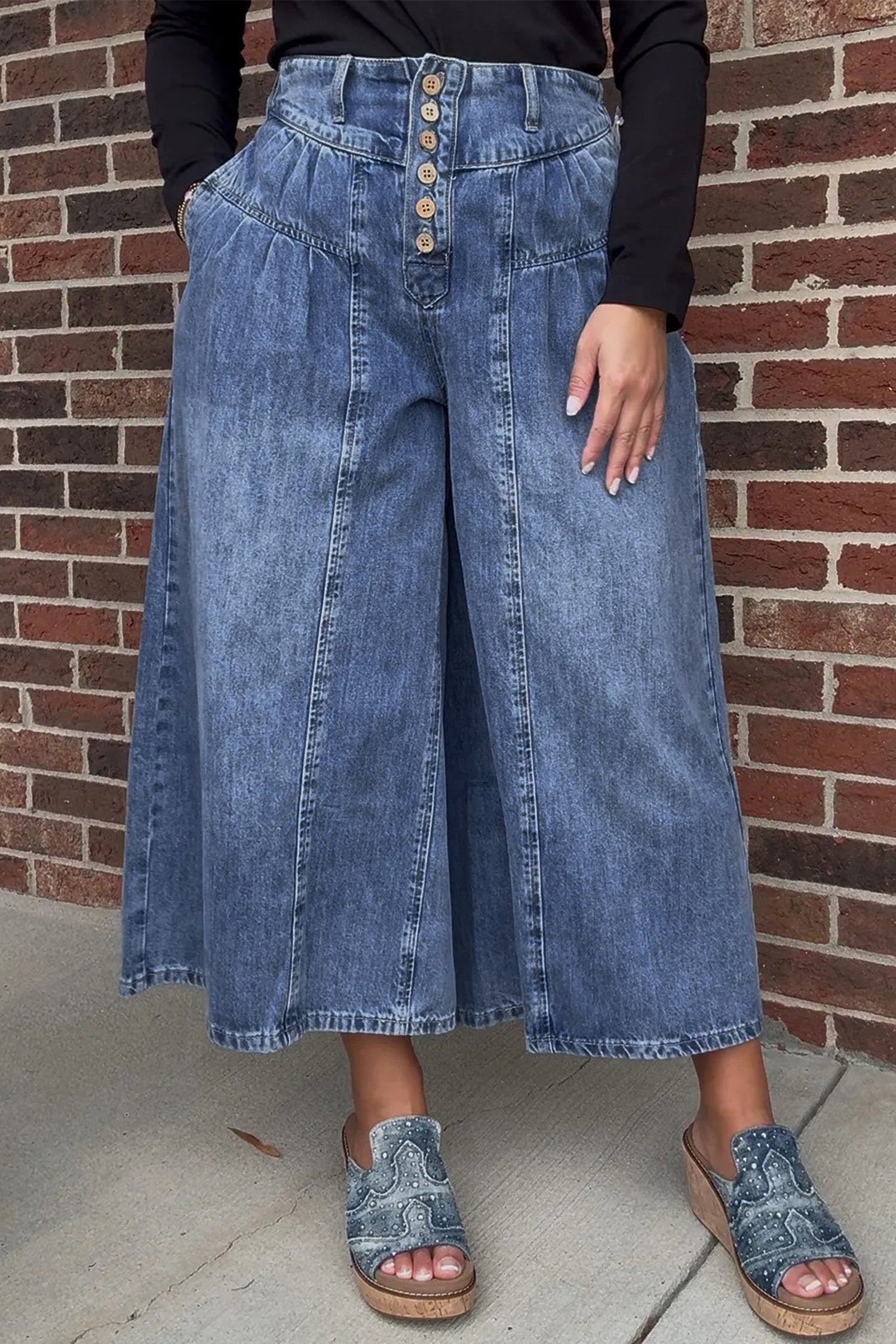 Dusk Blue High Rise Buttons Pleated Cropped Wide Leg Denim Pants-Bottoms/Jeans-[Adult]-[Female]-2022 Online Blue Zone Planet