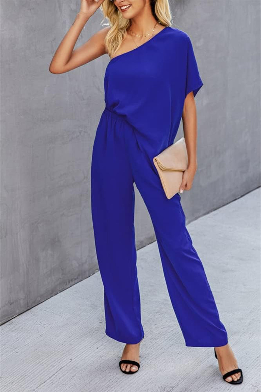 Single Shoulder Short Sleeve Jumpsuit-TOPS / DRESSES-[Adult]-[Female]-Royal Blue-S-2022 Online Blue Zone Planet