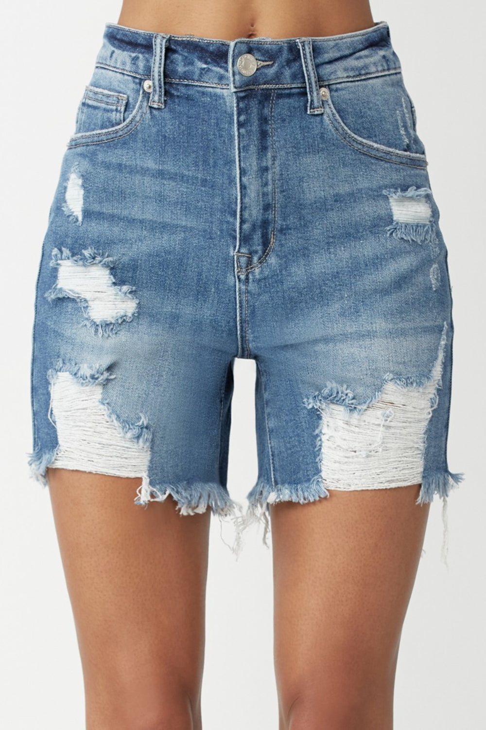 Blue Zone Planet | RISEN High Waisted Distressed Denim Shorts-BOTTOMS SIZES SMALL MEDIUM LARGE-[Adult]-[Female]-Medium-S-2022 Online Blue Zone Planet