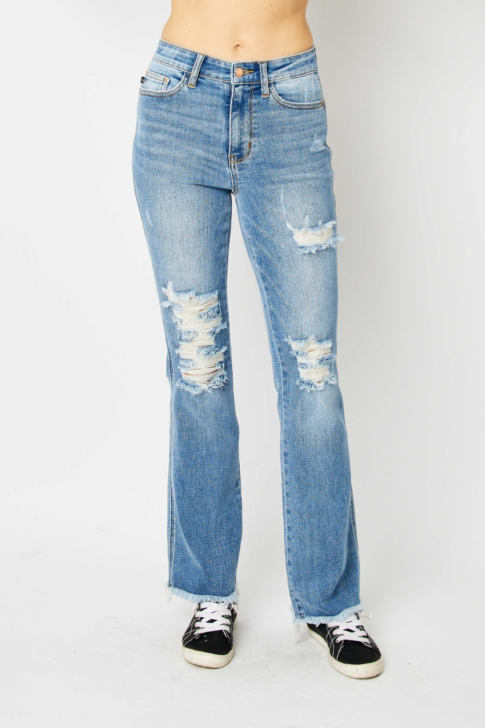 Judy Blue Full Size Distressed Raw Hem Bootcut Jeans-BOTTOM SIZES SMALL MEDIUM LARGE-[Adult]-[Female]-2022 Online Blue Zone Planet