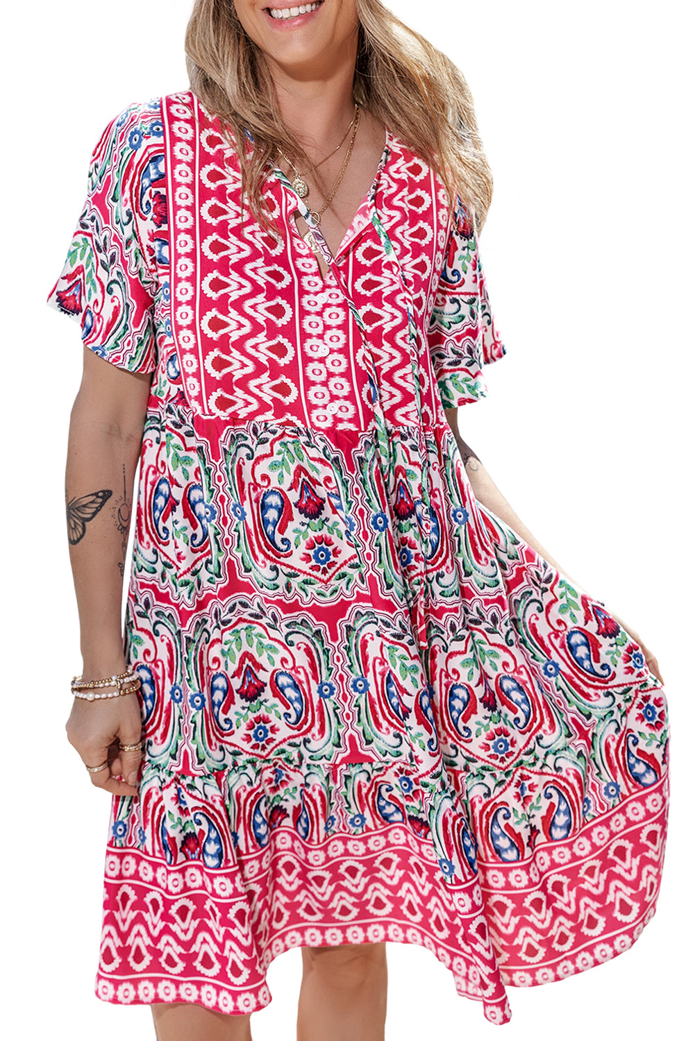 Blue Zone Planet |  Pink Bohemian Print Tie Neck Ruffle Hem Short Dress Blue Zone Planet