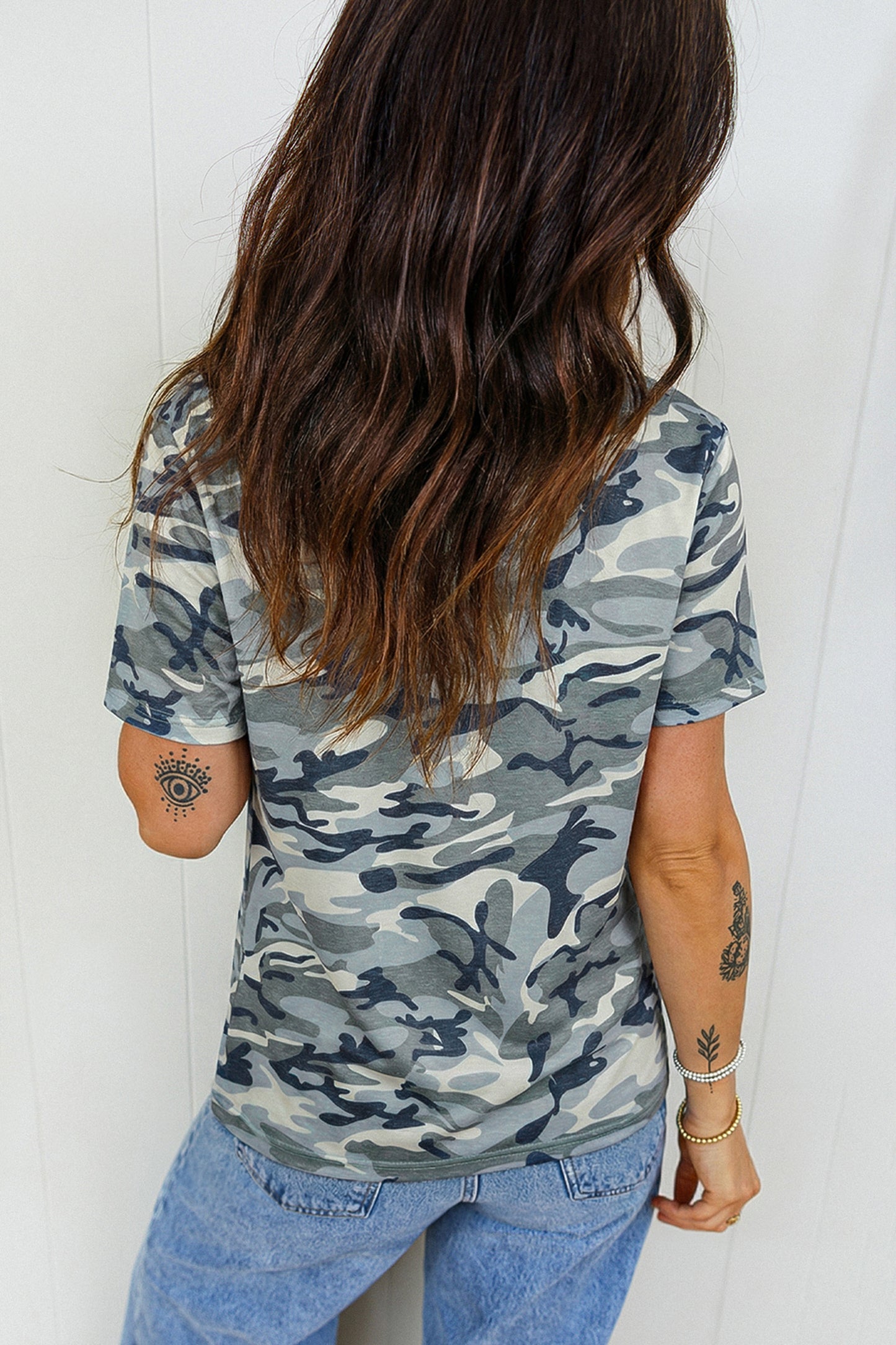Green Camouflage Print Crew Neck T Shirt-Tops/Tops & Tees-[Adult]-[Female]-2022 Online Blue Zone Planet