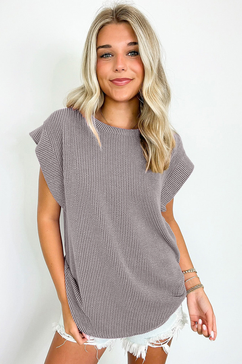 Gray Twisted Rib Wide Sleeve Crew Neck T Shirt-Tops/Tops & Tees-[Adult]-[Female]-2022 Online Blue Zone Planet