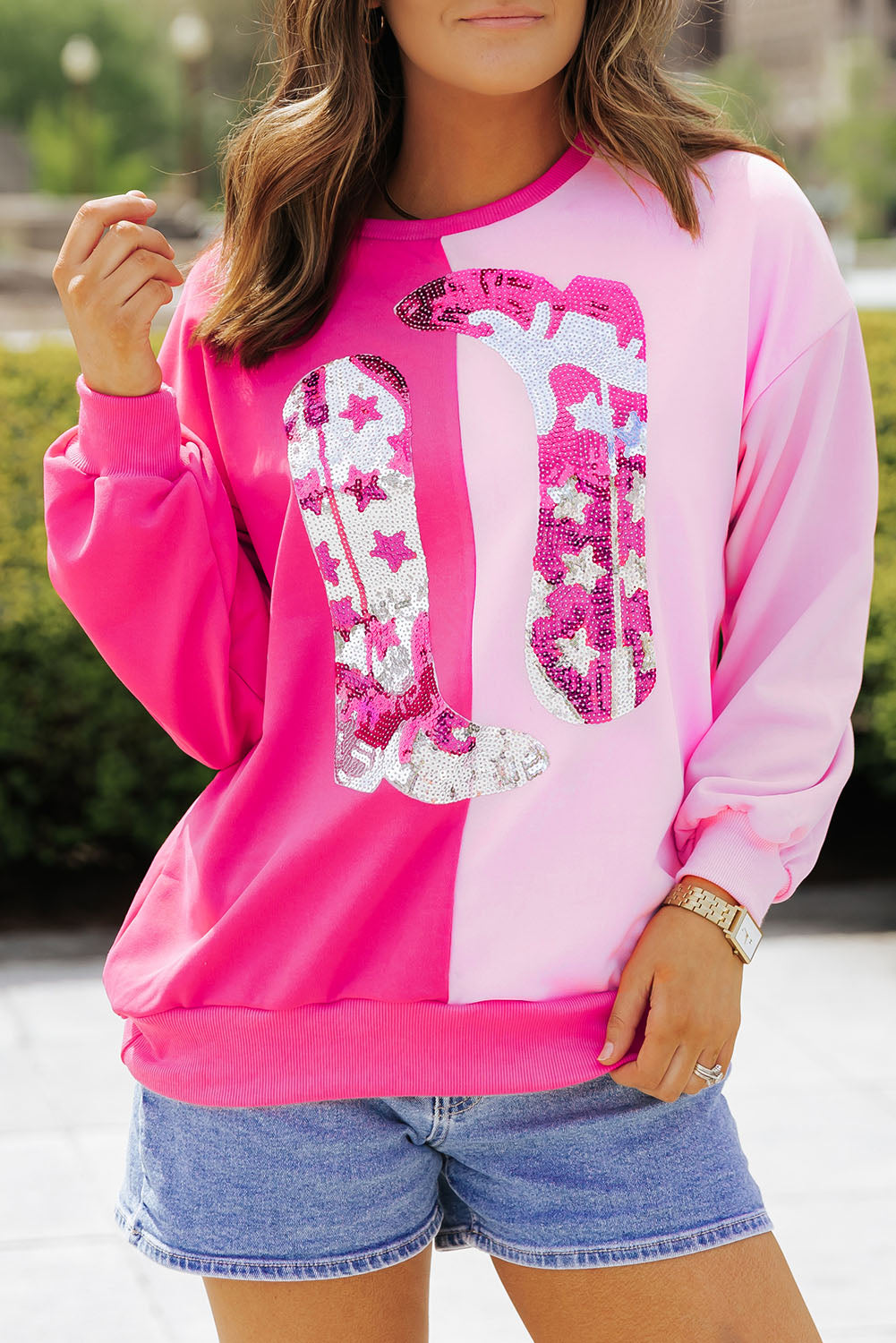 Pink Color Block Sequined Cowgirl Boots Graphic Sweatshirt-Tops/Sweatshirts & Hoodies-[Adult]-[Female]-2022 Online Blue Zone Planet
