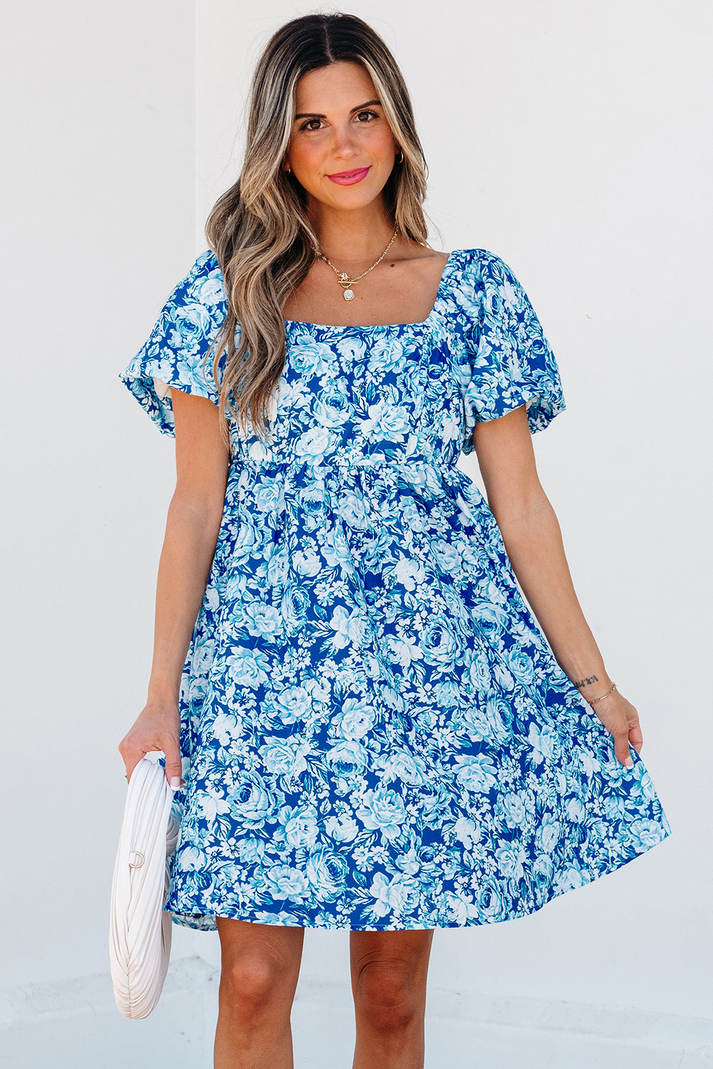 Blue Zone Planet | Blue Floral Puff Sleeve Babydoll Mini Dress-TOPS / DRESSES-[Adult]-[Female]-2022 Online Blue Zone Planet