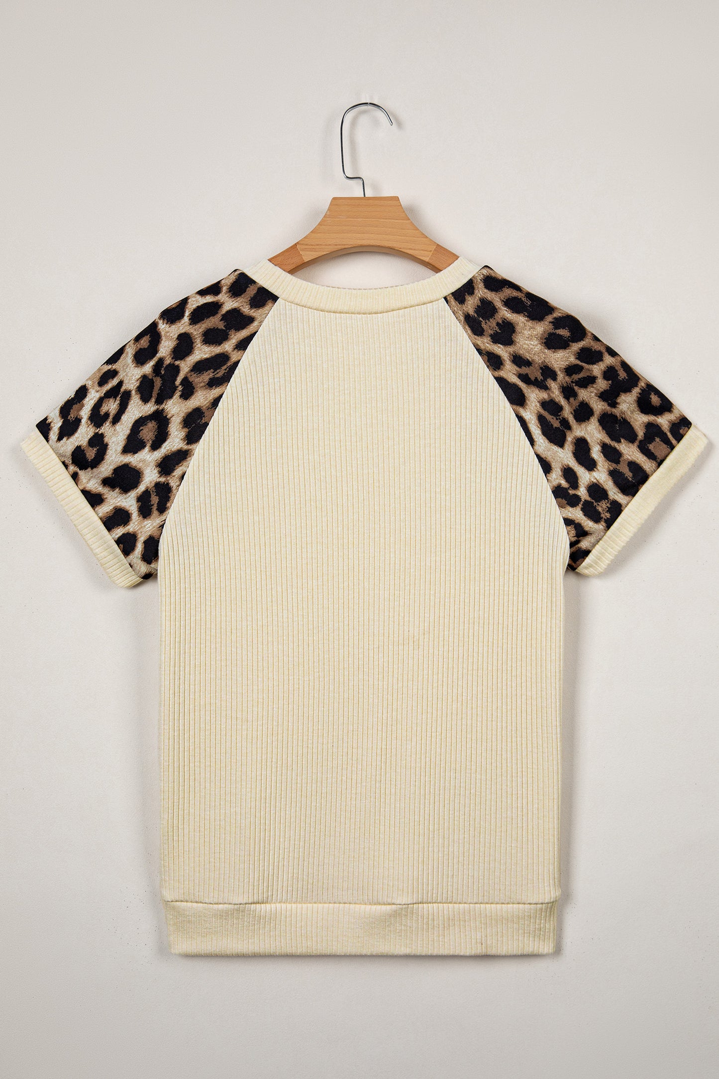 Apricot Ribbed Color Block Leopard Contrast Sleeve Loose Tee-Tops/Tops & Tees-[Adult]-[Female]-2022 Online Blue Zone Planet