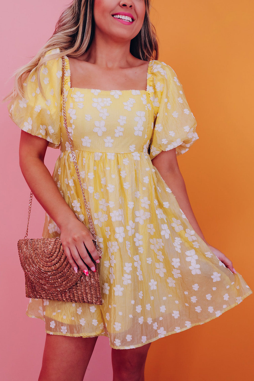 Yellow Boho Flower Jacquard Puff Sleeve Square Neck Mini Dress Blue Zone Planet