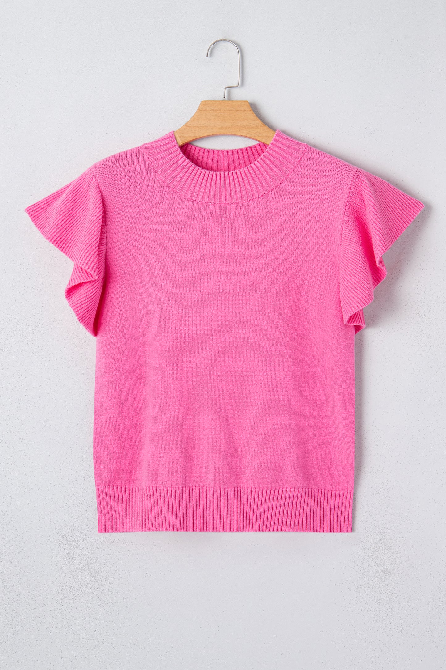Sachet Pink Solid Color Ribbed Trim Round Neck Ruffle Short Sleeve Sweater-TOPS / DRESSES-[Adult]-[Female]-2022 Online Blue Zone Planet