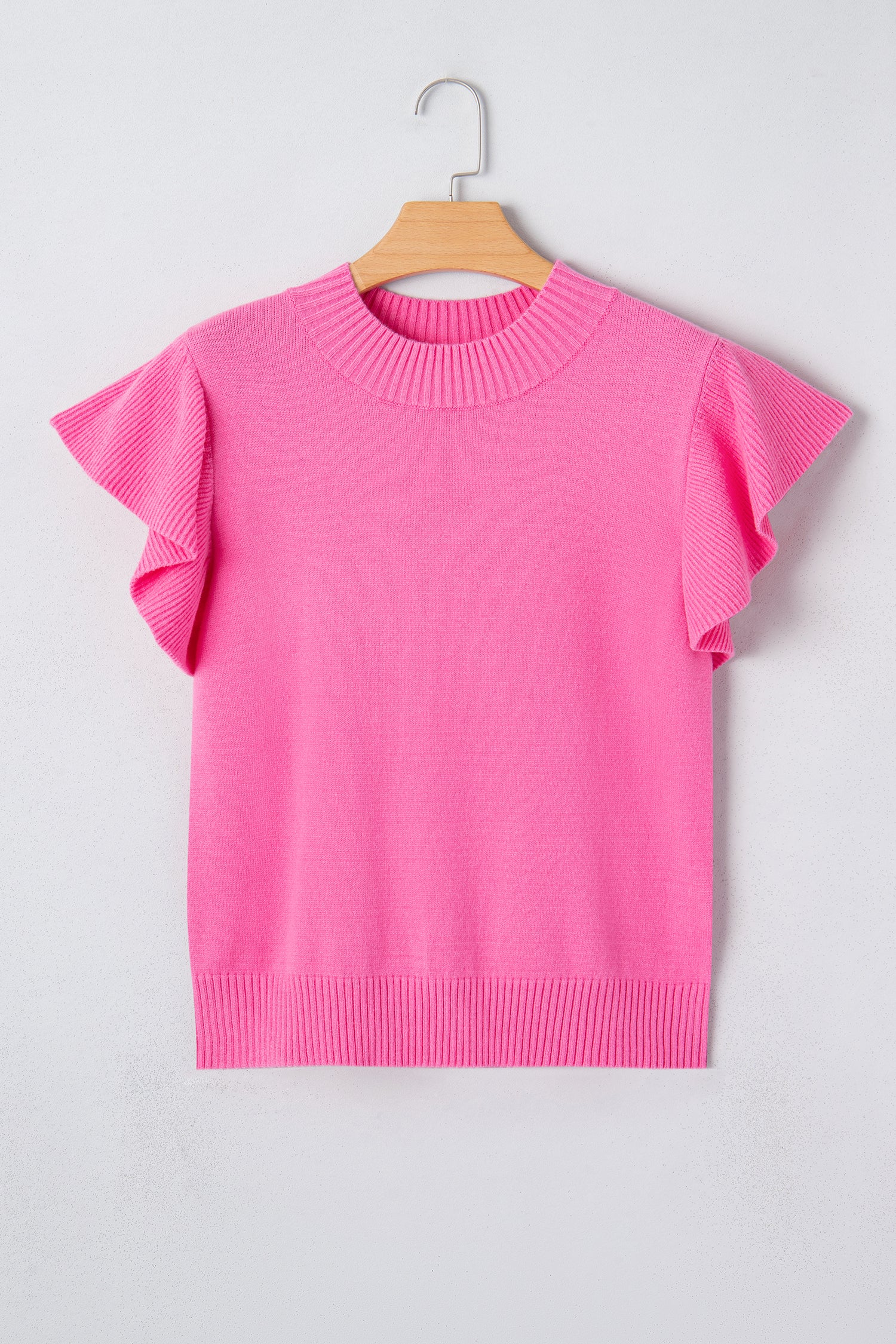 Sachet Pink Solid Color Ribbed Trim Round Neck Ruffle Short Sleeve Sweater-TOPS / DRESSES-[Adult]-[Female]-2022 Online Blue Zone Planet