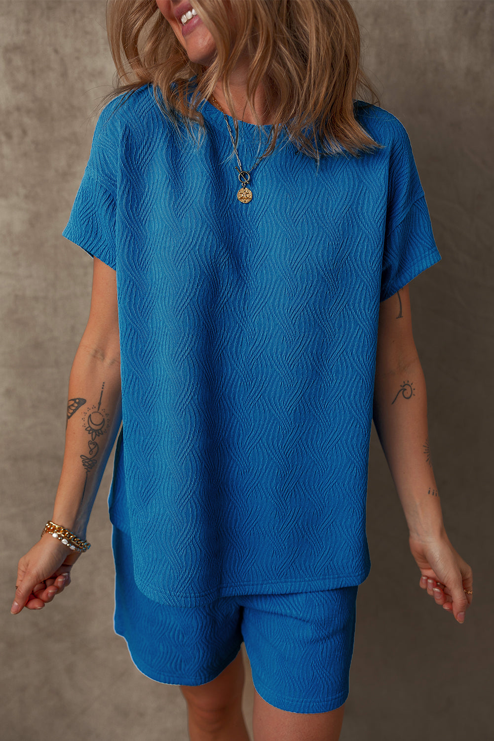 Bluing Solid Textured Crew Neck Short Set-Two Piece Sets/Short Sets-[Adult]-[Female]-2022 Online Blue Zone Planet