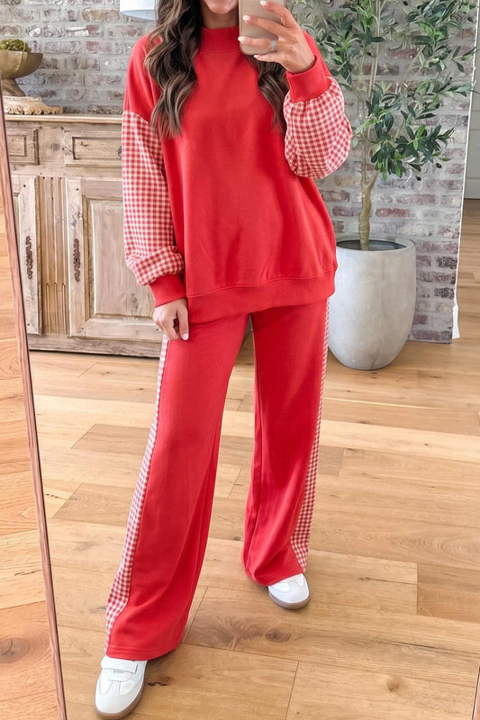 Fiery Red Plaid Contrast Long Sleeve Top And Wide Leg Pants Set-Two Piece Sets/Pant Sets-[Adult]-[Female]-Fiery Red-S-2022 Online Blue Zone Planet