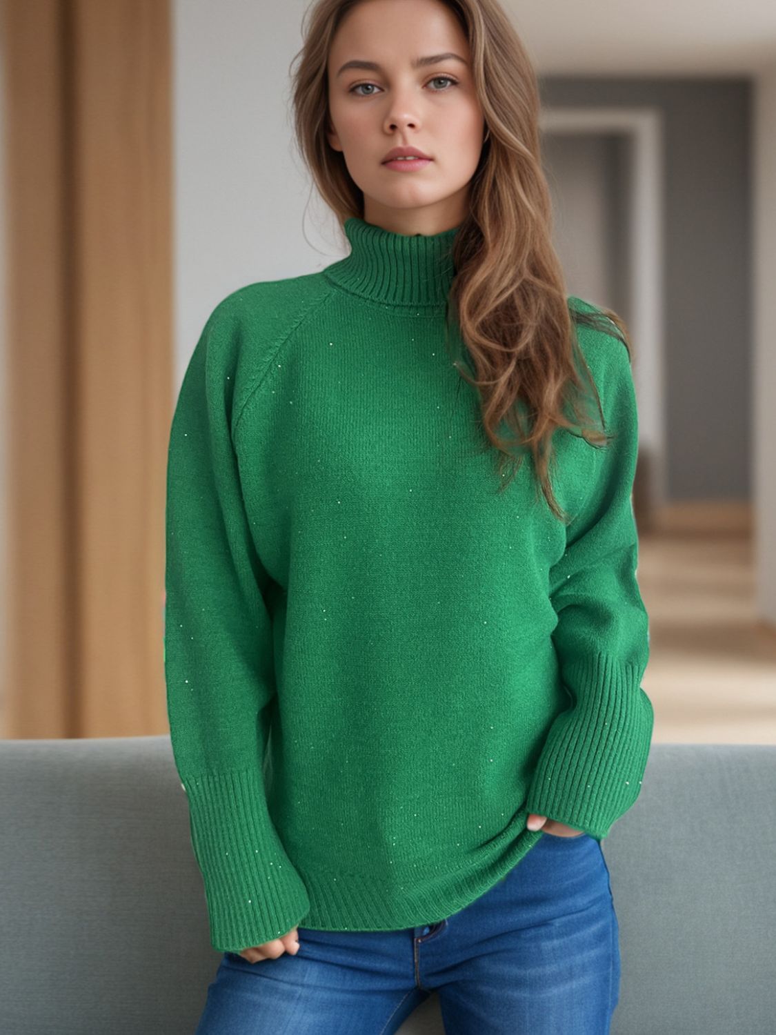 Blue Zone Planet | Turtleneck Raglan Sleeve Sweater-TOPS / DRESSES-[Adult]-[Female]-Dark Green-One Size-2022 Online Blue Zone Planet