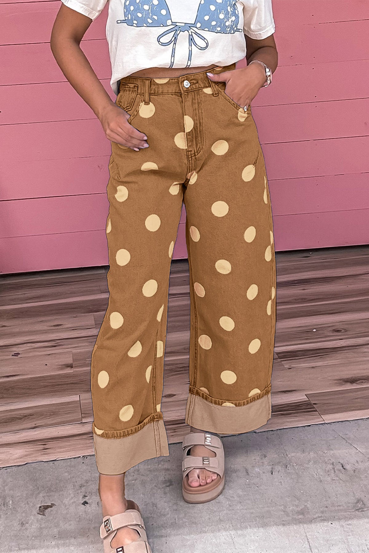Sky Blue Polka Dot Ankle-Length Metal Button Casual Jeans-Bottoms/Jeans-[Adult]-[Female]-2022 Online Blue Zone Planet