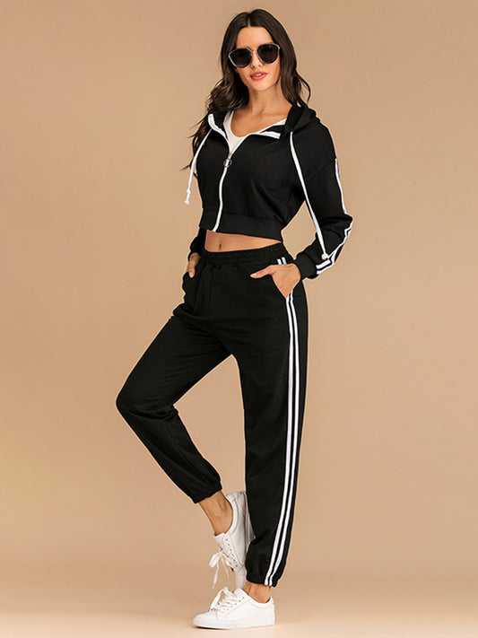 Perfee Drawstring Side Stripe Zip Up Hooded Top and Pants Set-TOPS / DRESSES-[Adult]-[Female]-Black-S-2022 Online Blue Zone Planet