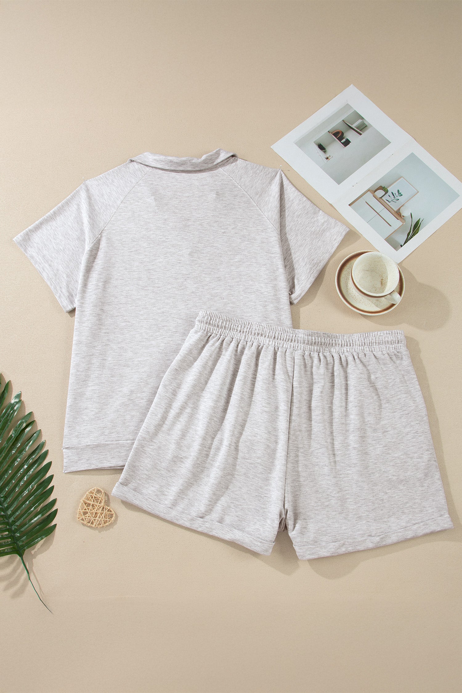 Light Grey Plus Size Solid V-Neck Short Sleeve Elastic Waist Two-Piece Set-Plus Size/Plus Size Loungewear-[Adult]-[Female]-2022 Online Blue Zone Planet