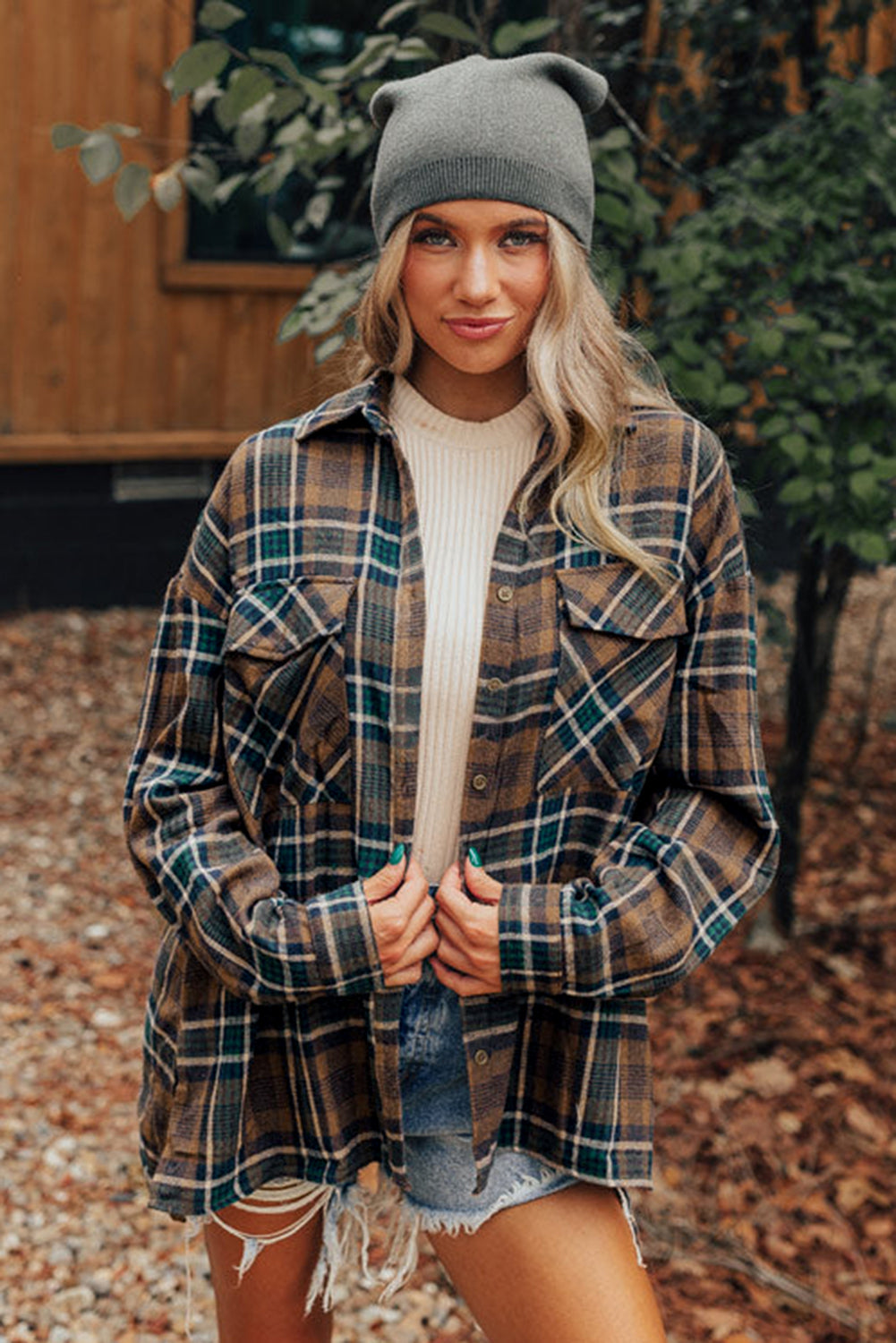 Brown Plaid Print Chest Pockets Buttoned Shirt Jacket-Outerwear/Plaid Shackets-[Adult]-[Female]-2022 Online Blue Zone Planet