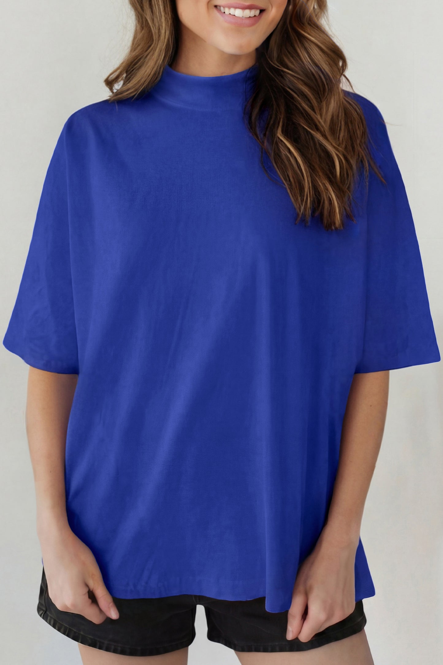Pink Solid Color High Neck Oversize Tee-Tops/Tops & Tees-[Adult]-[Female]-Dark Blue-S-2022 Online Blue Zone Planet