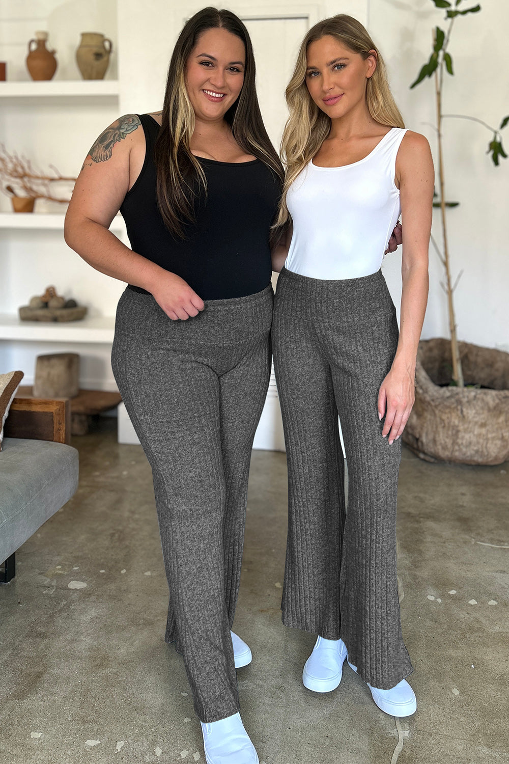 Blue Zone Planet | FAM-FAM Ribbed High Waist Flare Pants-BOTTOMS SIZES SMALL MEDIUM LARGE-[Adult]-[Female]-Dark Gray-S-2022 Online Blue Zone Planet