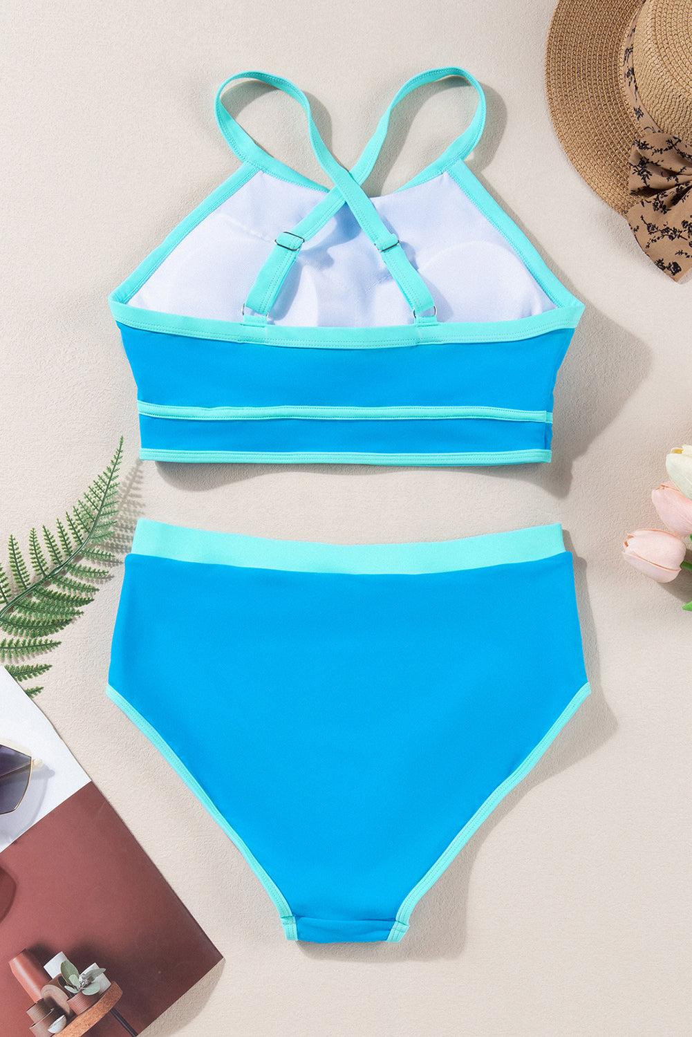 Blue Contrast Trim Crisscross Back High Waisted Bikini-Swimwear/High Waisted Swimsuit-[Adult]-[Female]-2022 Online Blue Zone Planet