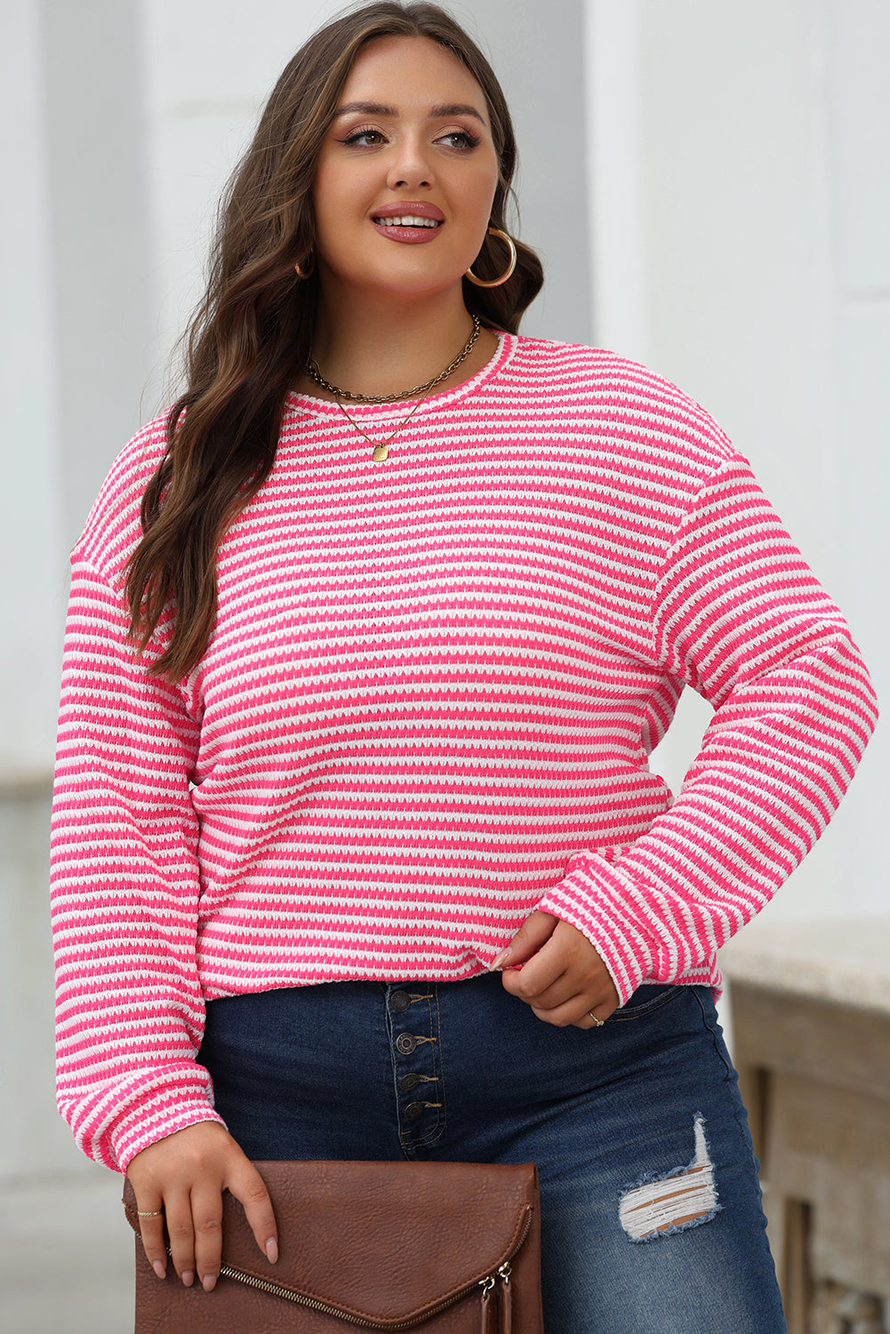 Blue Zone Planet | Rose Stripe Round Neck Drop Shoulder Long Sleeve Top-Tops/Long Sleeve Tops-[Adult]-[Female]-2022 Online Blue Zone Planet