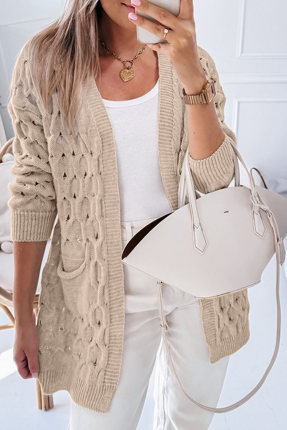 Jet Stream Cable Knit Eyelet Side Pockets Baggy Cardigan-Sweaters & Cardigans/Cardigans-[Adult]-[Female]-Jet Stream-S-2022 Online Blue Zone Planet