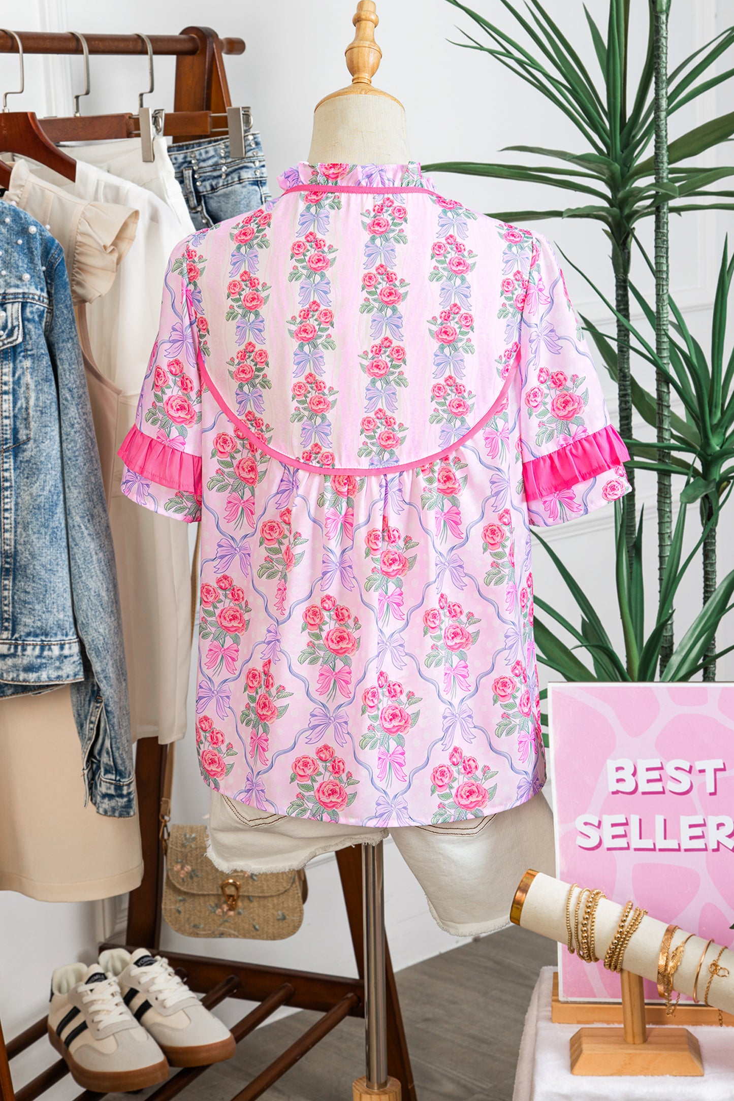 Purple Coquette Floral Bow Printed Contrast Ruffled Short Sleeve Blouse-Tops/Blouses & Shirts-[Adult]-[Female]-2022 Online Blue Zone Planet