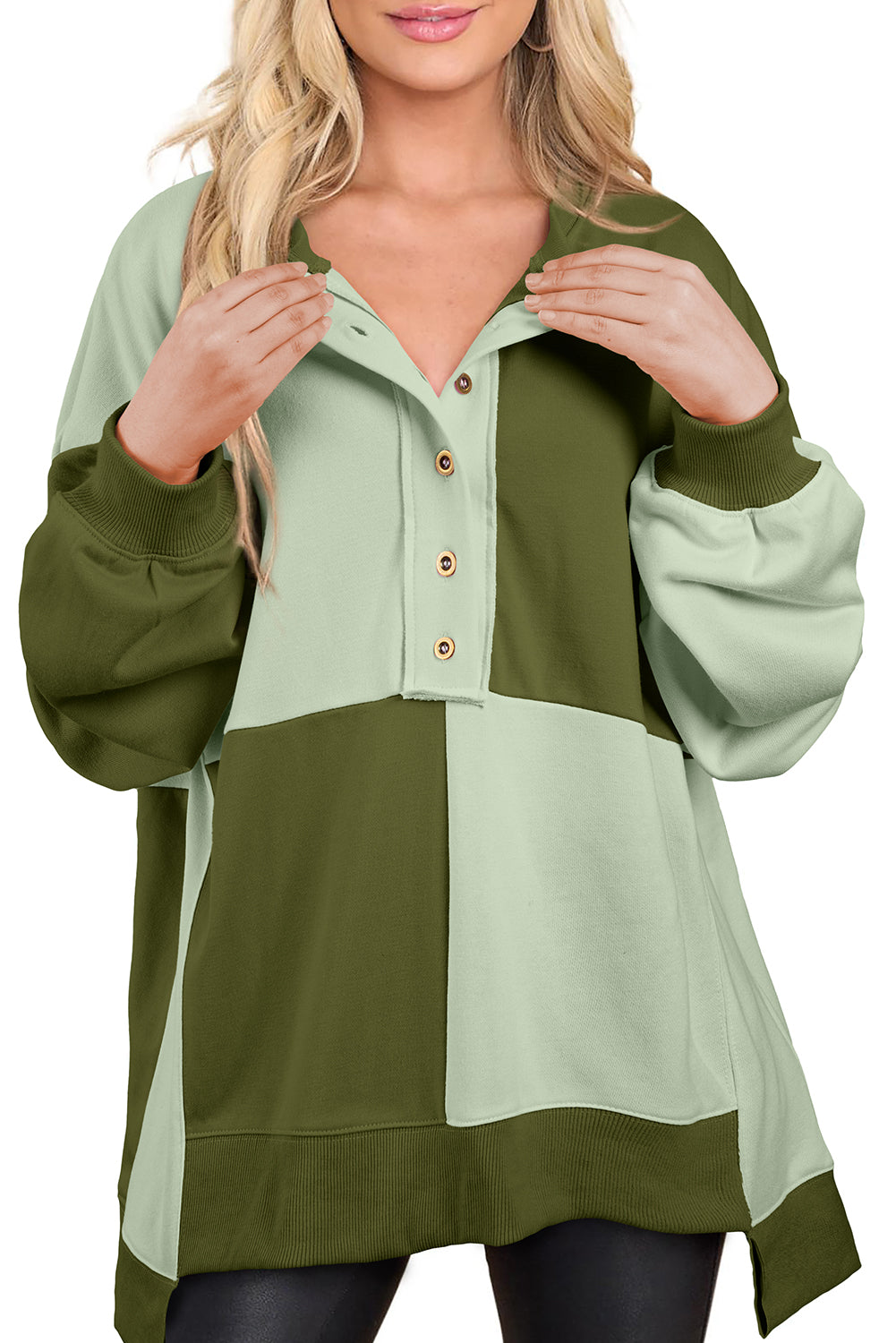 Blue Zone Planet | Contrast Half Button Long Sleeve Sweatshirt-TOPS / DRESSES-[Adult]-[Female]-Army Green-S-2022 Online Blue Zone Planet