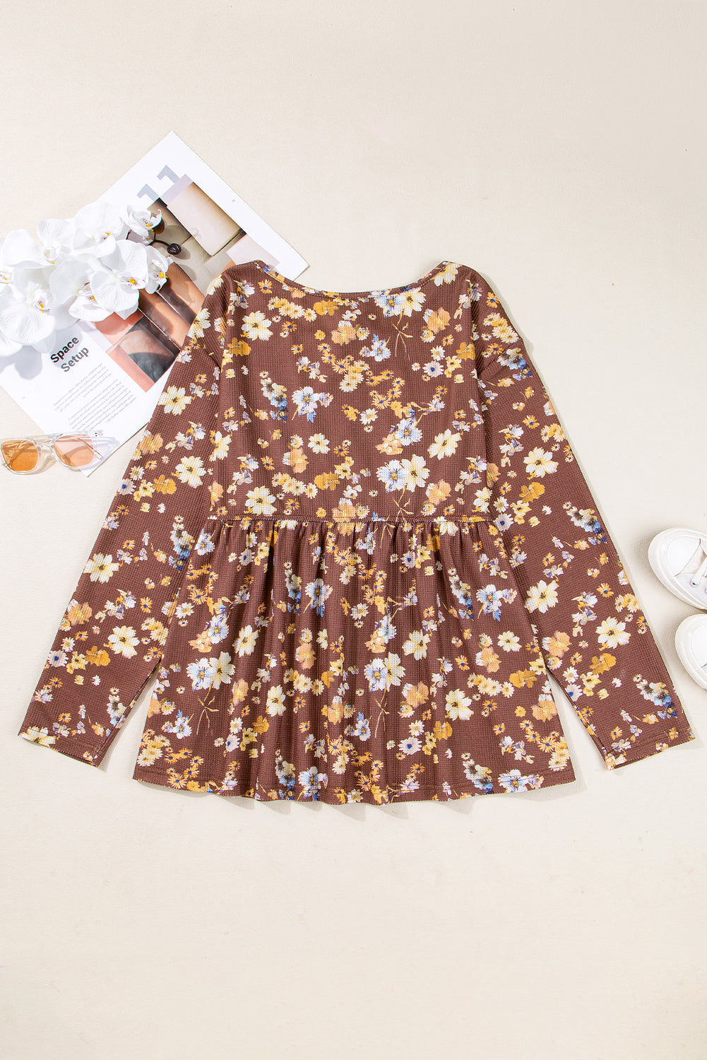 Khaki Floral Textured Tied Neck Long Sleeve Plus Size Babydoll Blouse-Plus Size/Plus Size Tops/Plus Size Blouses & Shirts-[Adult]-[Female]-2022 Online Blue Zone Planet