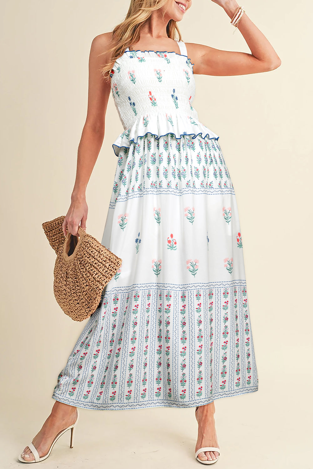 White Floral Print Smocked Ruffled Sleeveless Maxi Dress-TOPS / DRESSES-[Adult]-[Female]-White-S-2022 Online Blue Zone Planet